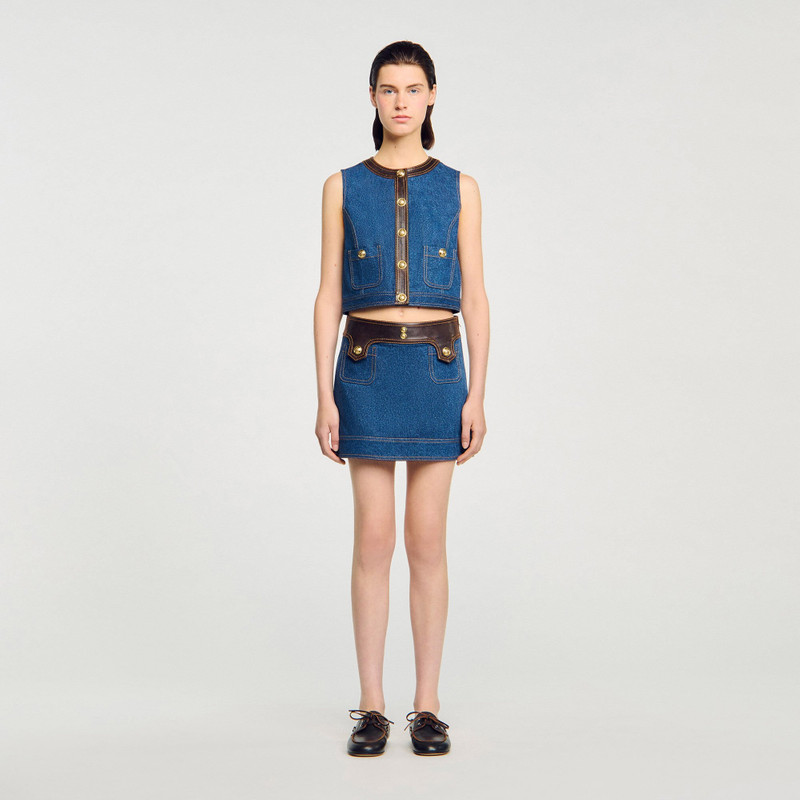 Sandro DENIM AND LEATHER TOP outlook