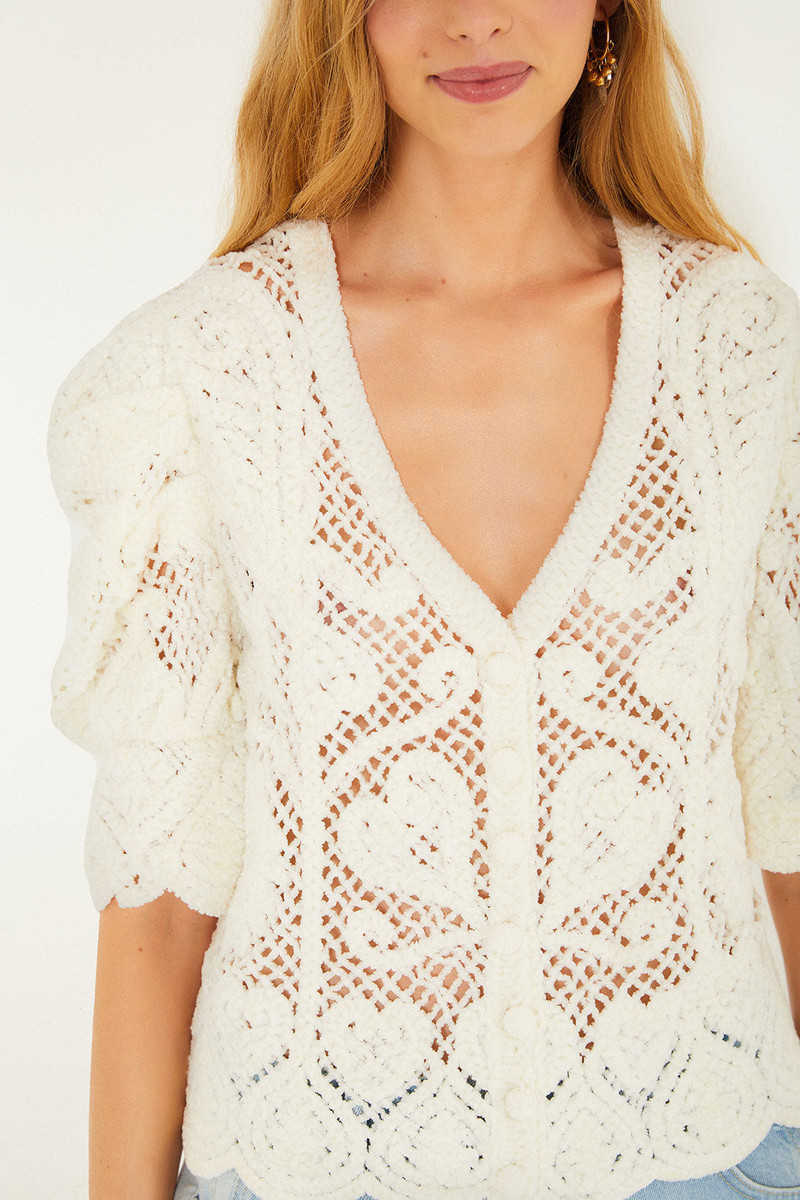 FARM RIO Off-White Rococo Hearts Crochet Cardigan outlook