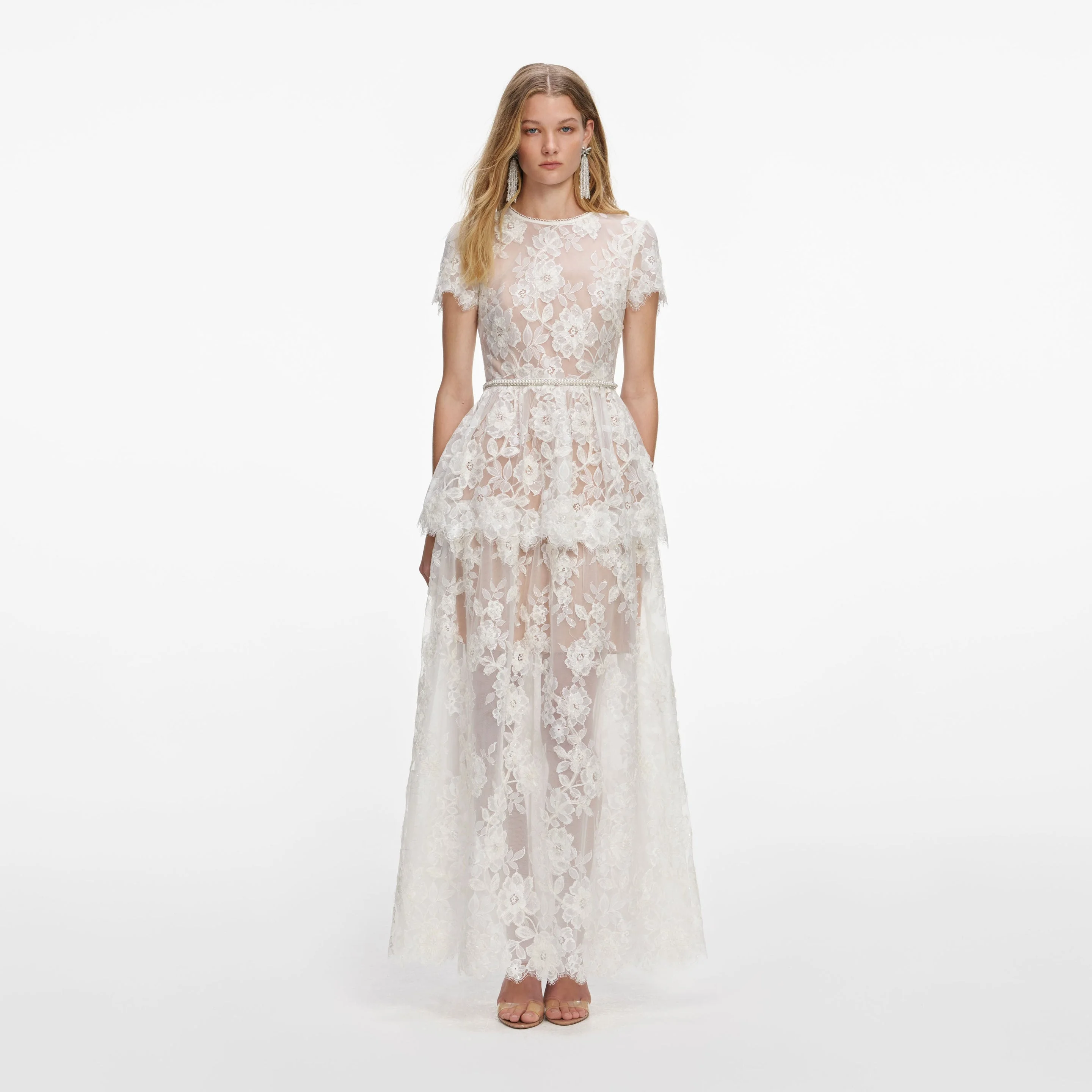 White Sequin Lace Tiered Maxi Dress - 1
