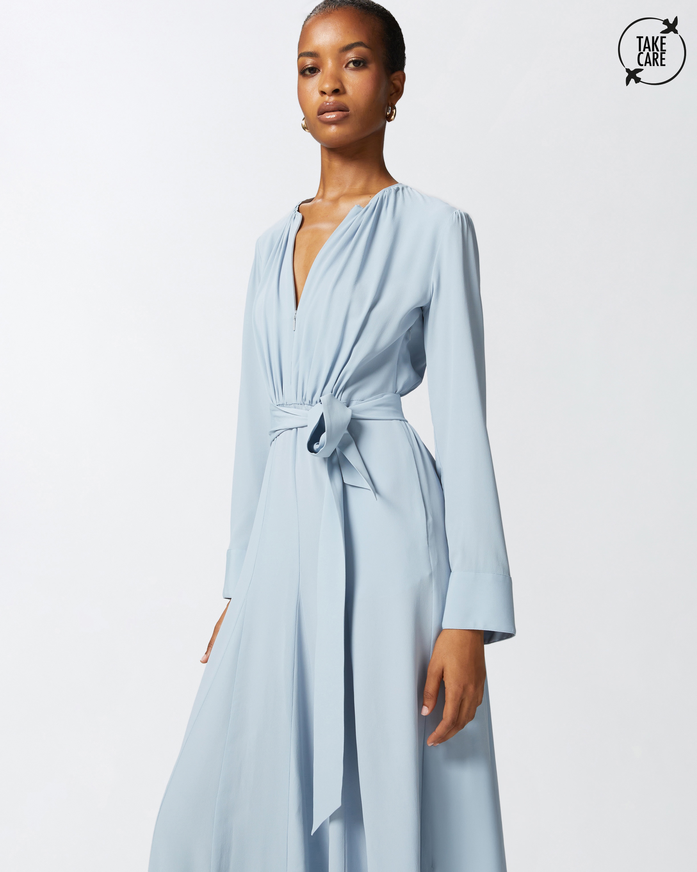 LONG SILK-BLEND DRESS WITH BELT AND LONG SLEEVES - 2