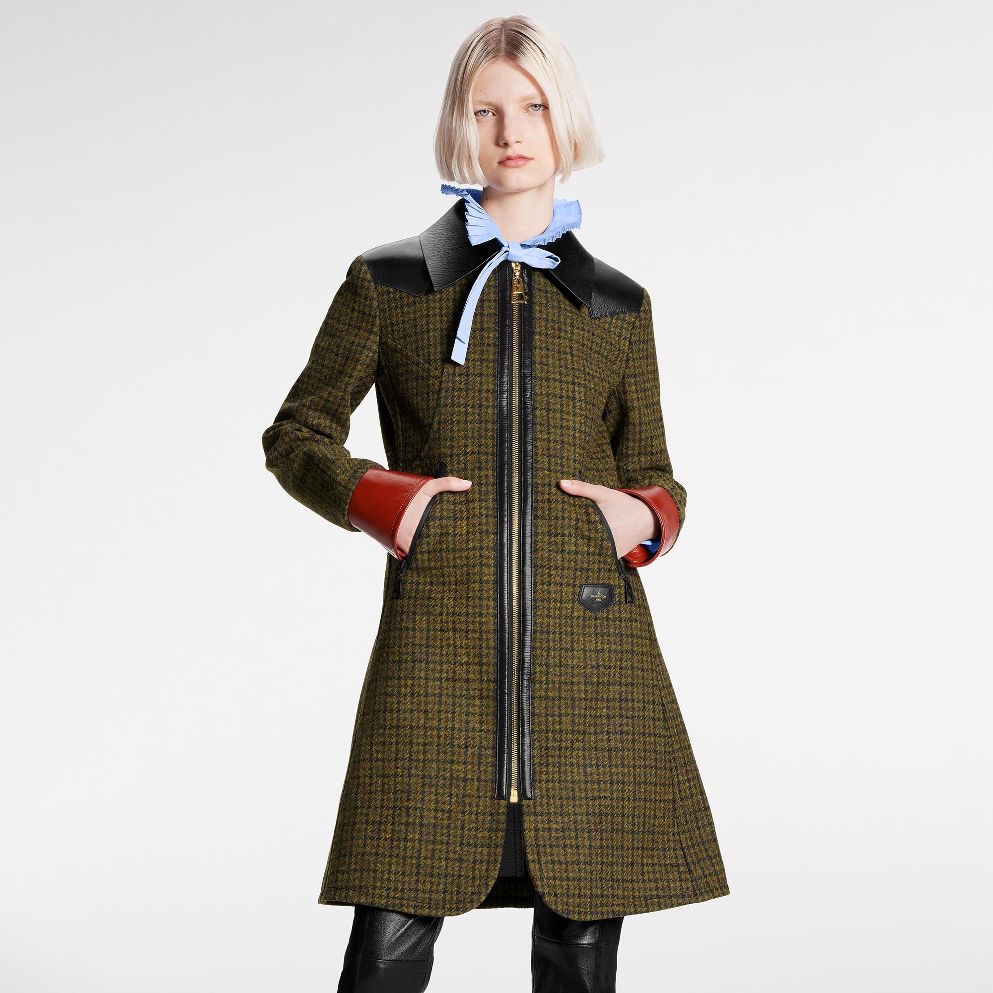 Leather Accent Houndstooth Coat - 5