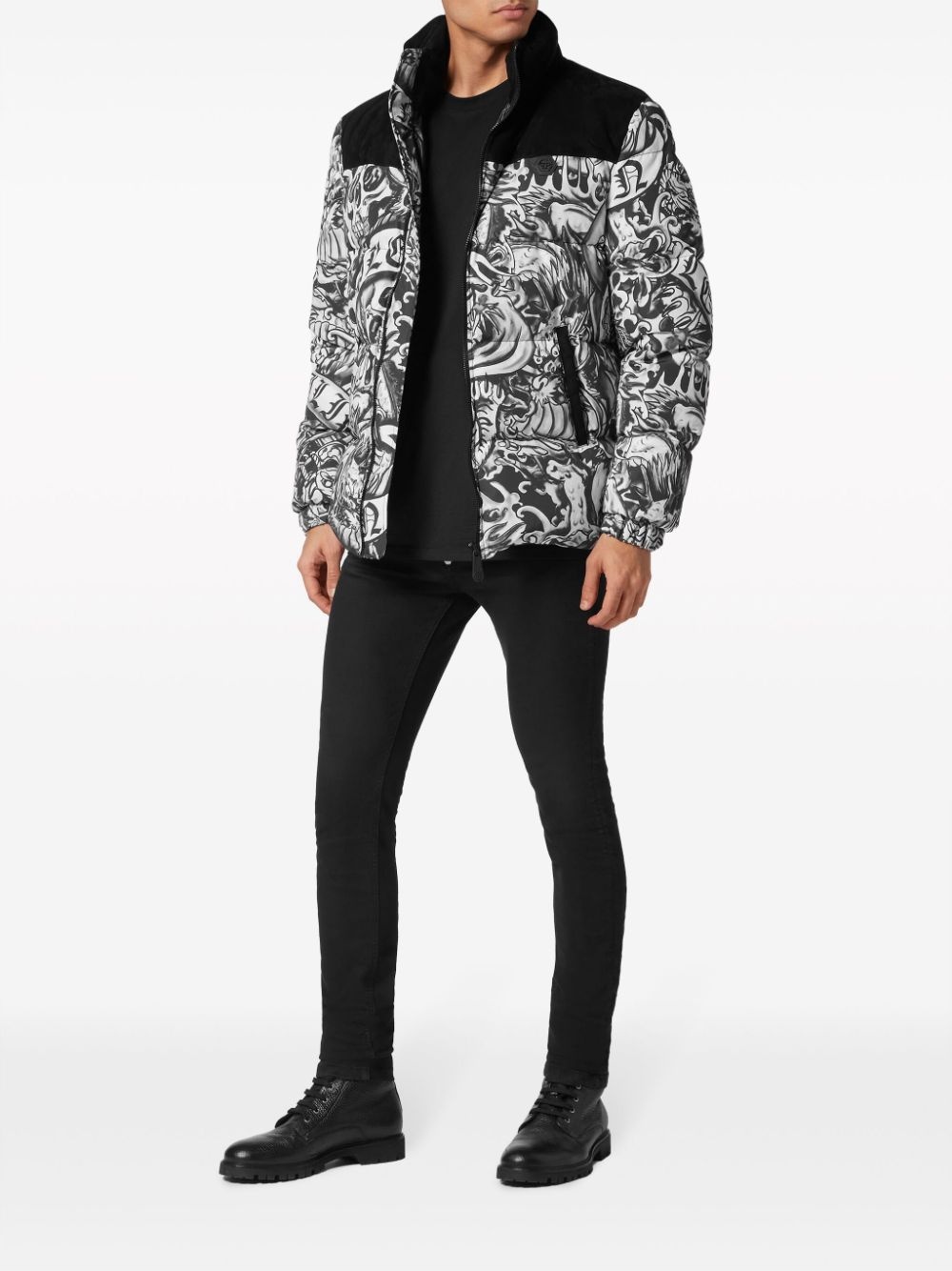 tattoo-print puffer jacket - 2