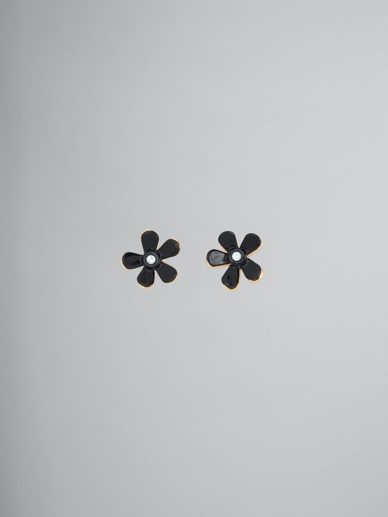 BLACK ENAMELED METAL FLOWER POP EARRINGS 1