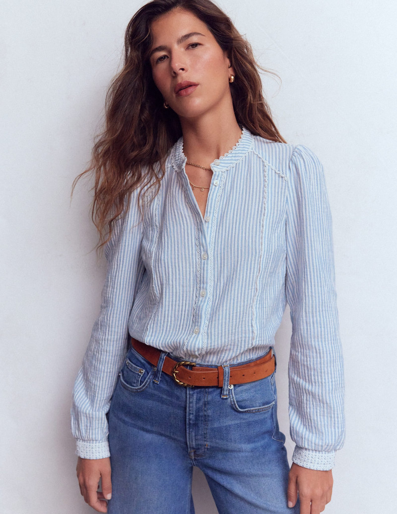 Rhea Trim Doublecloth Top-French Blue and Ivory Stripe 5