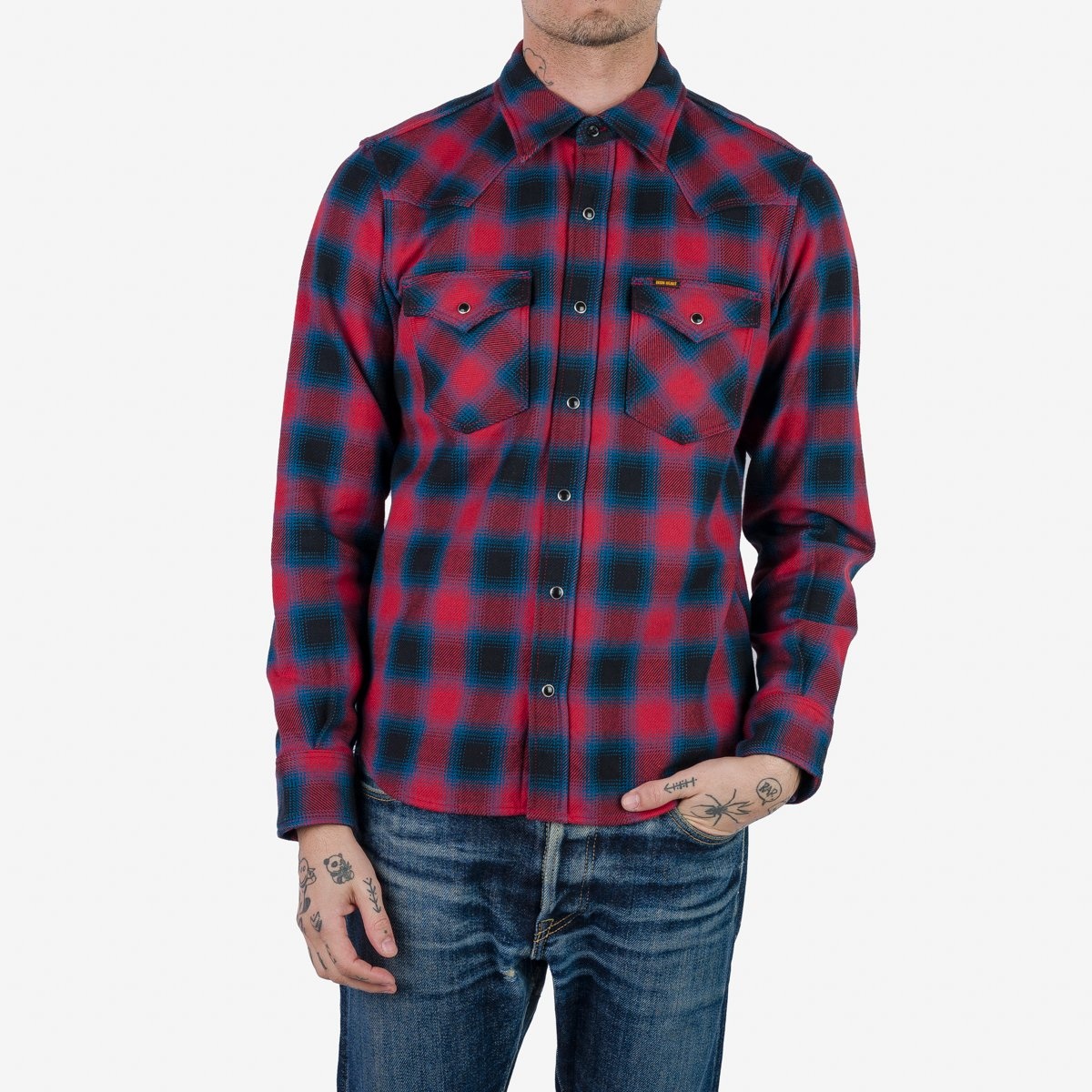 IHSH-373-RED Ultra Heavy Flannel Ombré Check Western Shirt - Red - 3