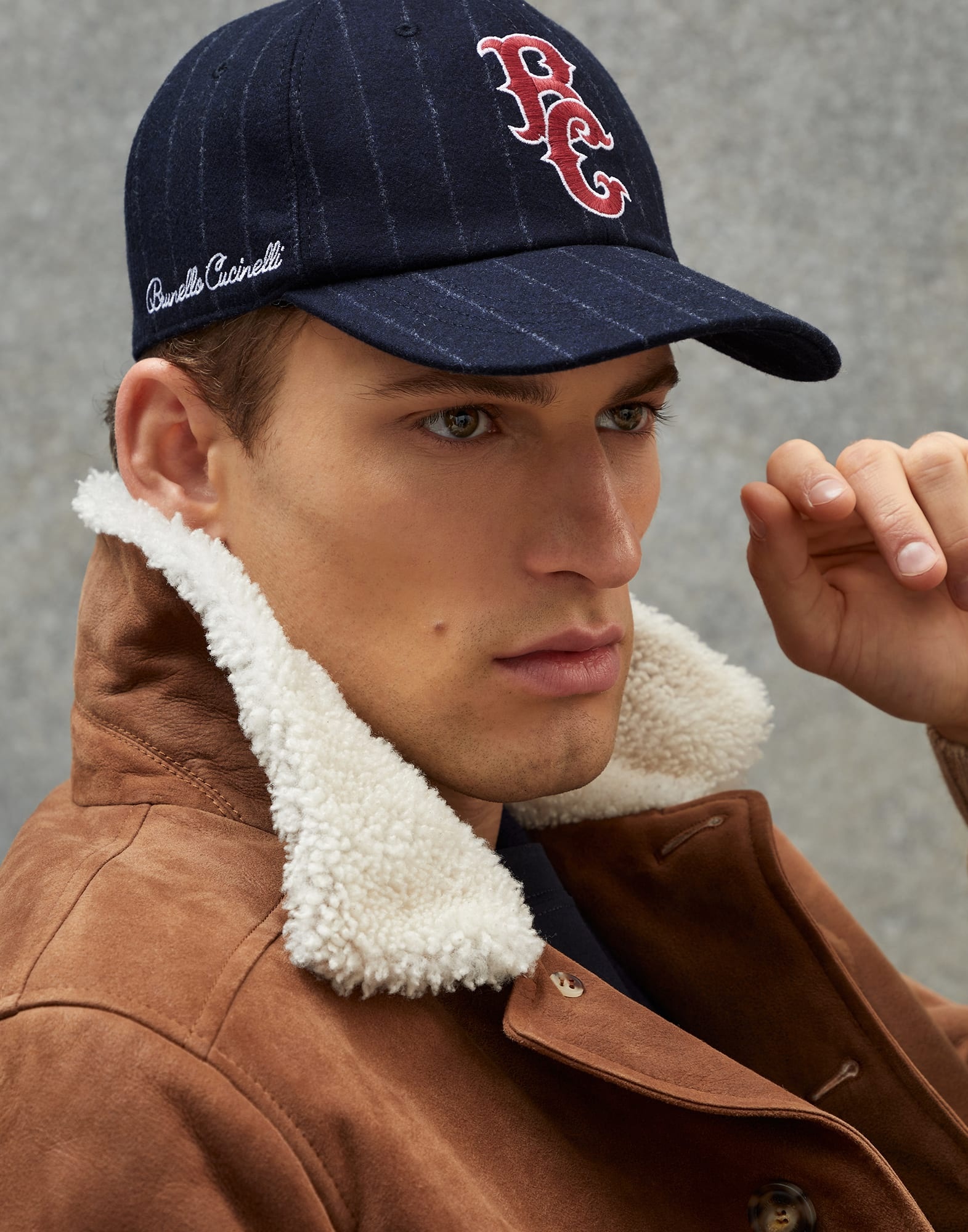 Virgin wool chalk stripe flannel baseball cap with badge - 3