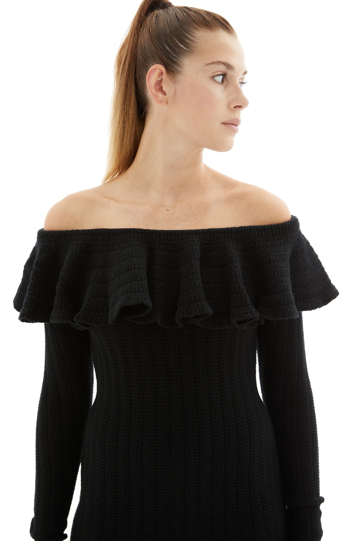 KNITTED OPEN SHOULDER MIDI DRESS (BLACK) - 7