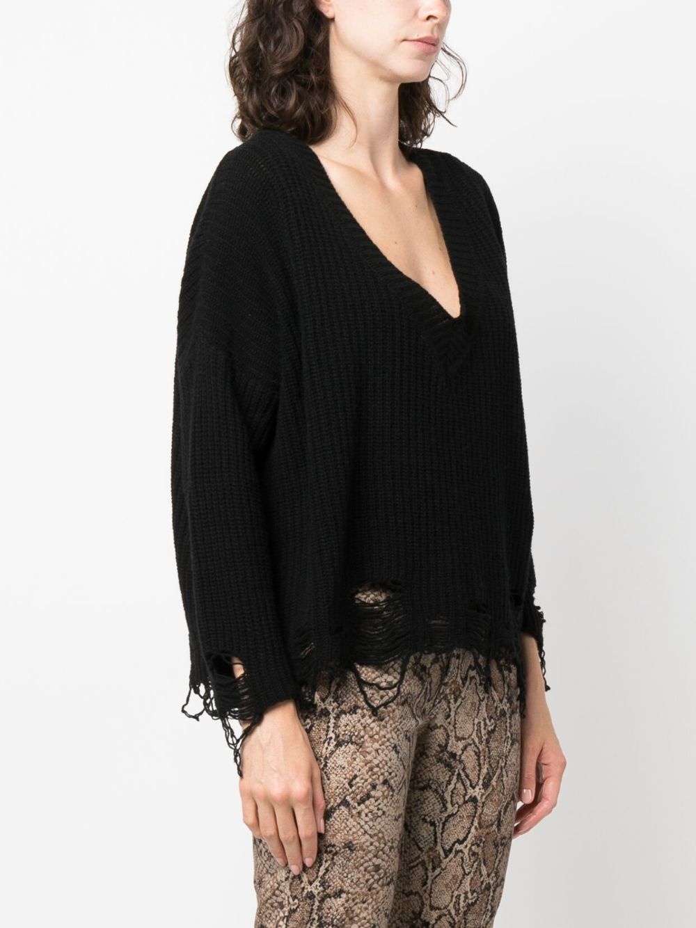 ripped V-neck knitted jumper - 3