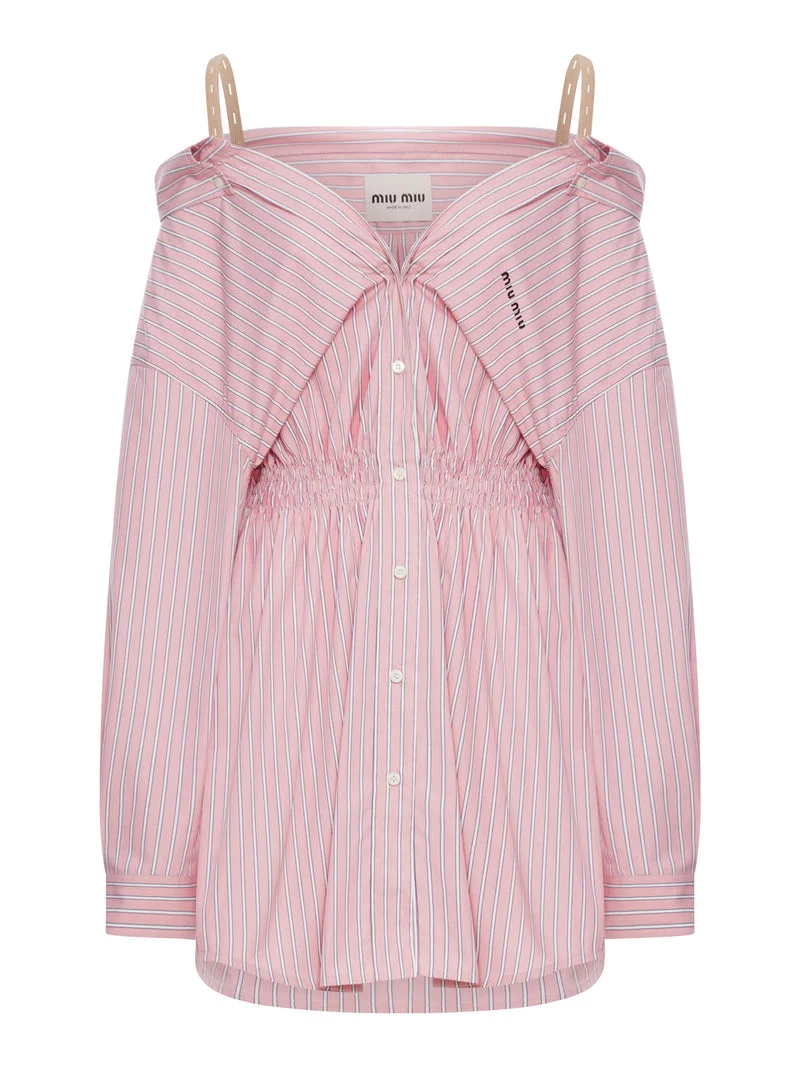 Miu Miu Women Striped Cotton Poplin Dress With Miu Miu Logo - 1