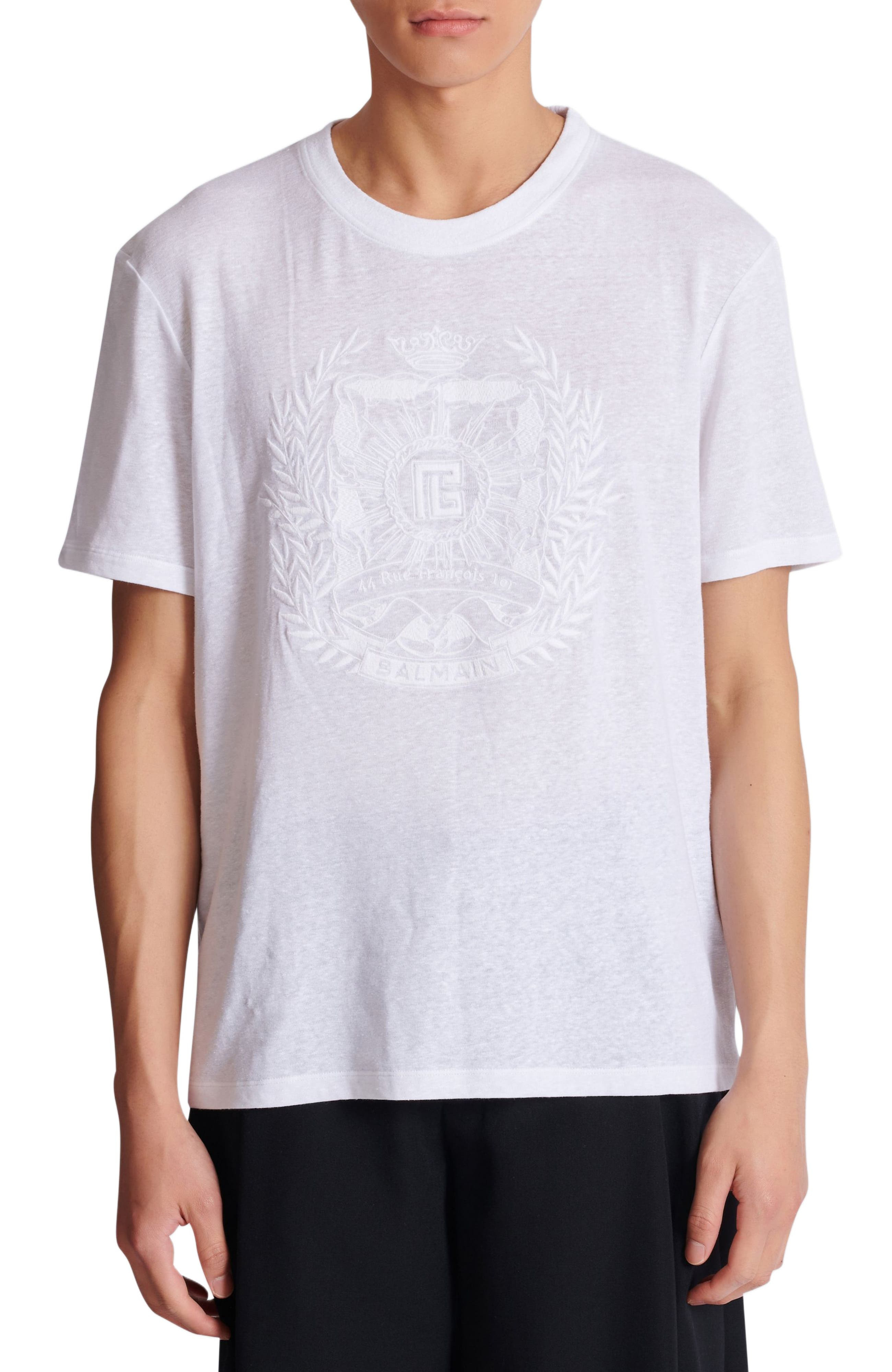 Balmain Écusson embroidered linen T-shirt in White at Nordstrom - 5
