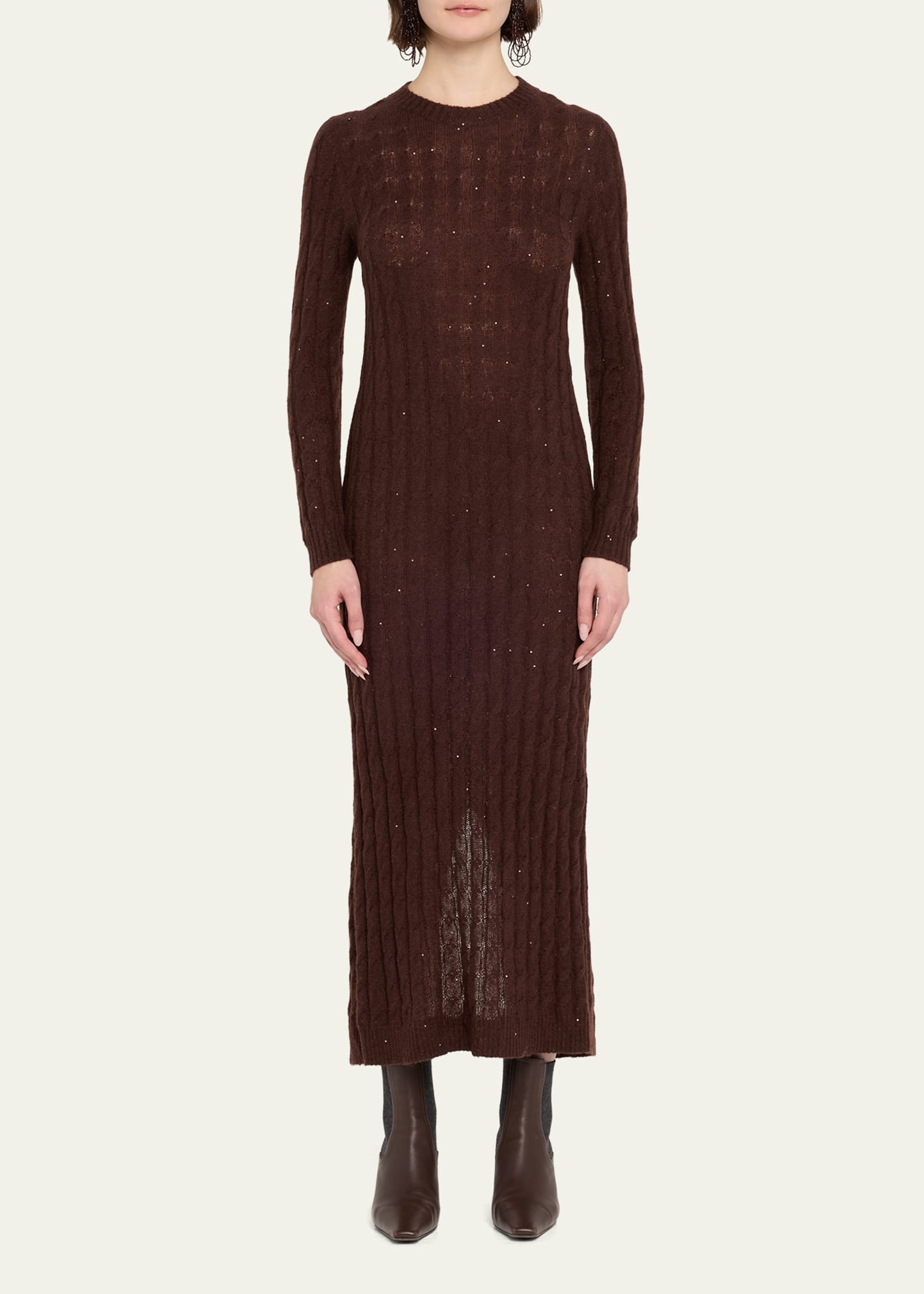 Mohair Pailette Cable Knit Maxi Sweater Dress - 2