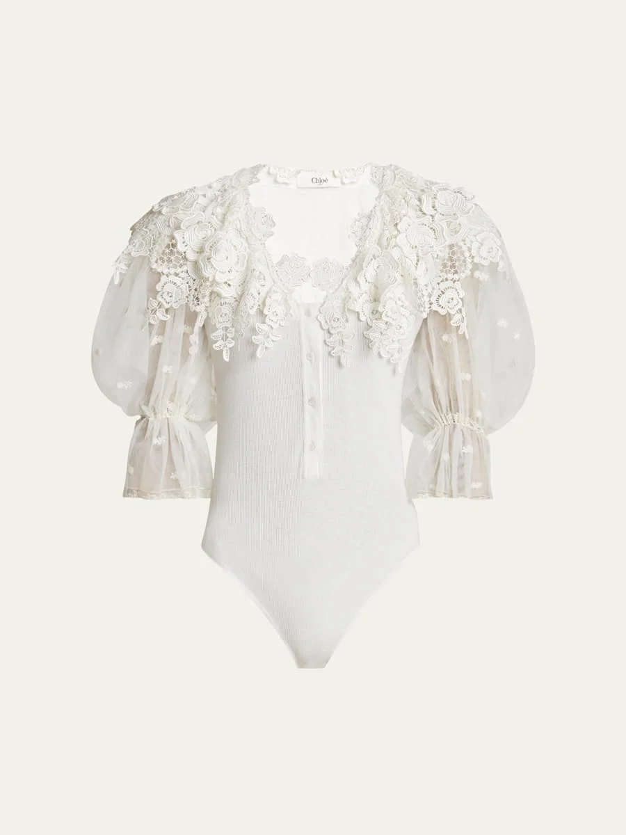 Puff-Sleeve Guipure Lace Bodysuit - 1