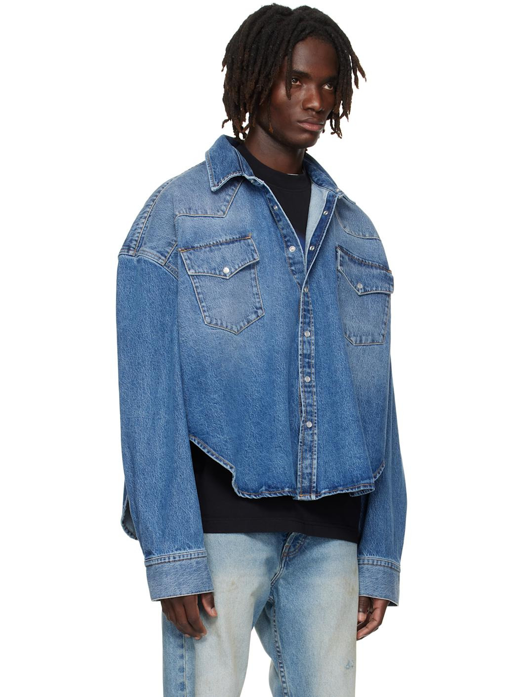 Blue Boxy Cropped Denim Shirt - 2