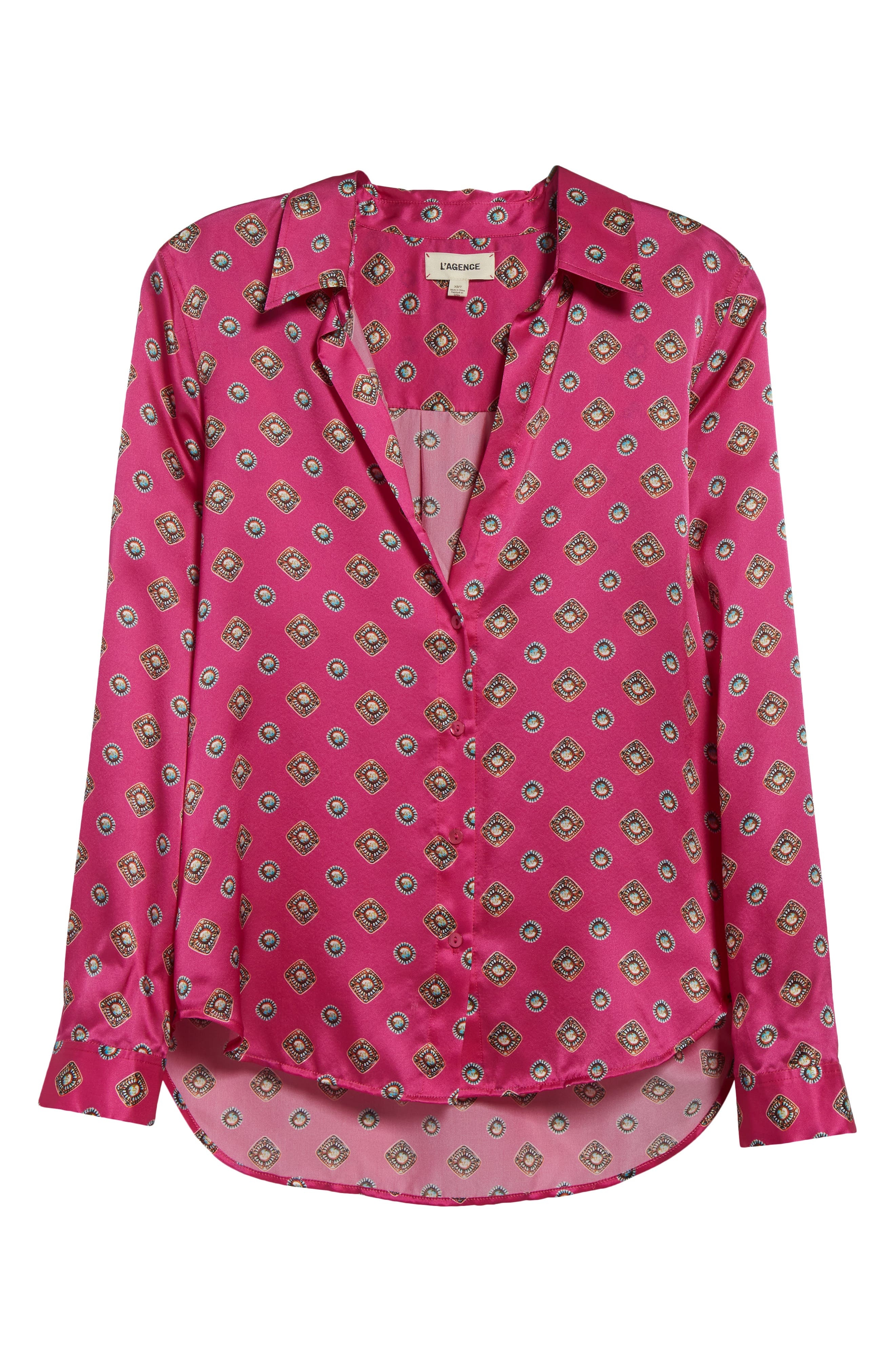 L'AGENCE Tyler Geometric Turquoise Print Silk Button-Up Shirt in Fuchsia/Turquoise Geometric at Nord - 5