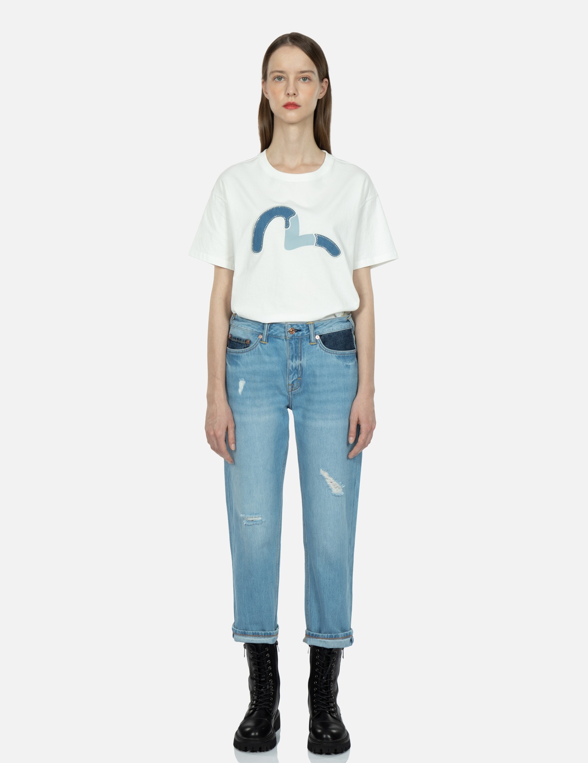 BRAND MOTTO PRINT FABRIC-BLOCKING BOYFRIEND JEANS - 6