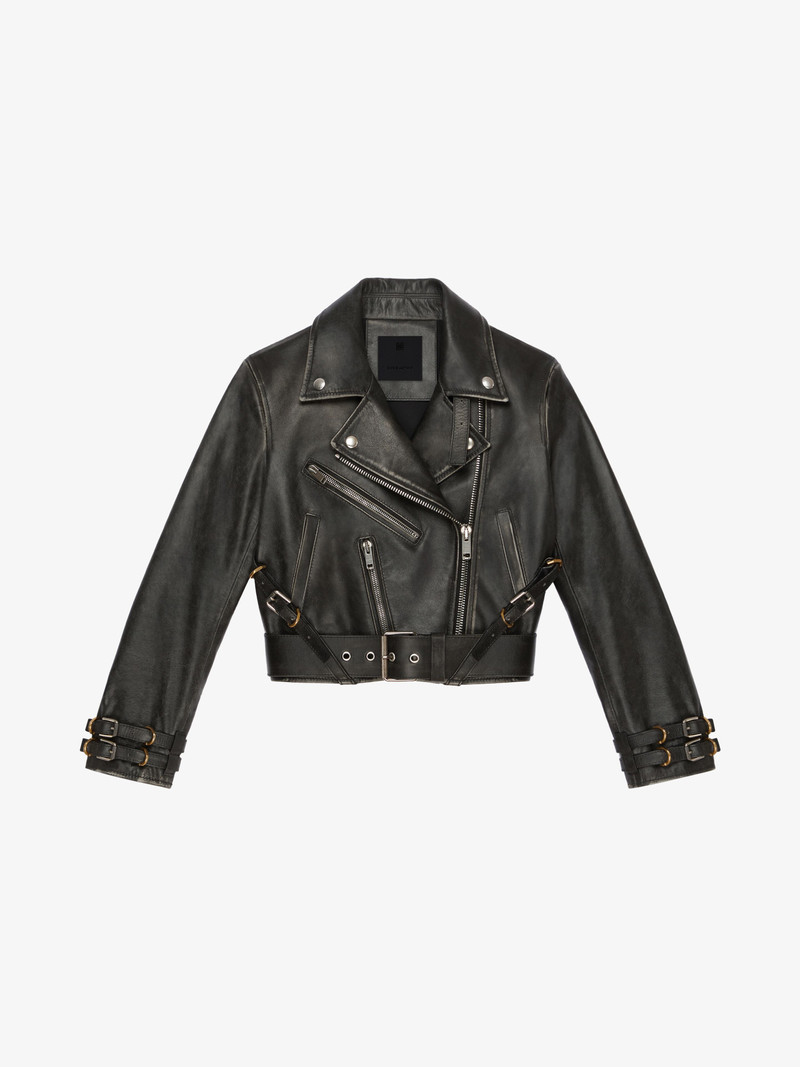 VOYOU SHORT BIKER JACKET IN LEATHER 1