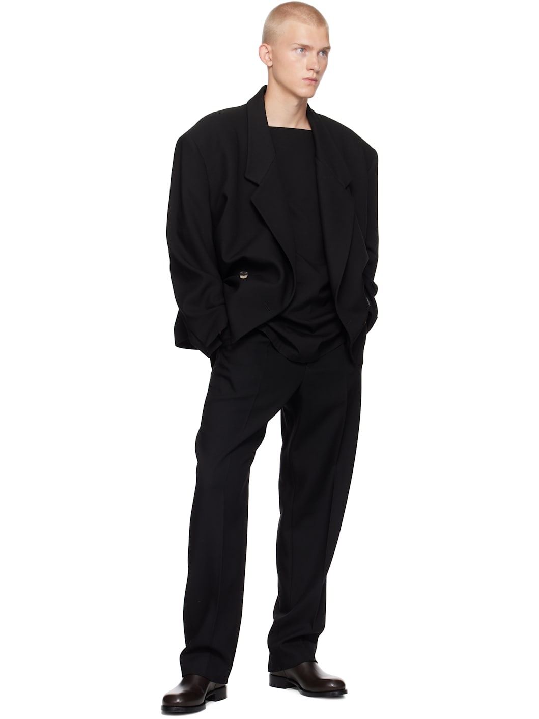 Black Wool Gabardine Cropped Blazer - 4