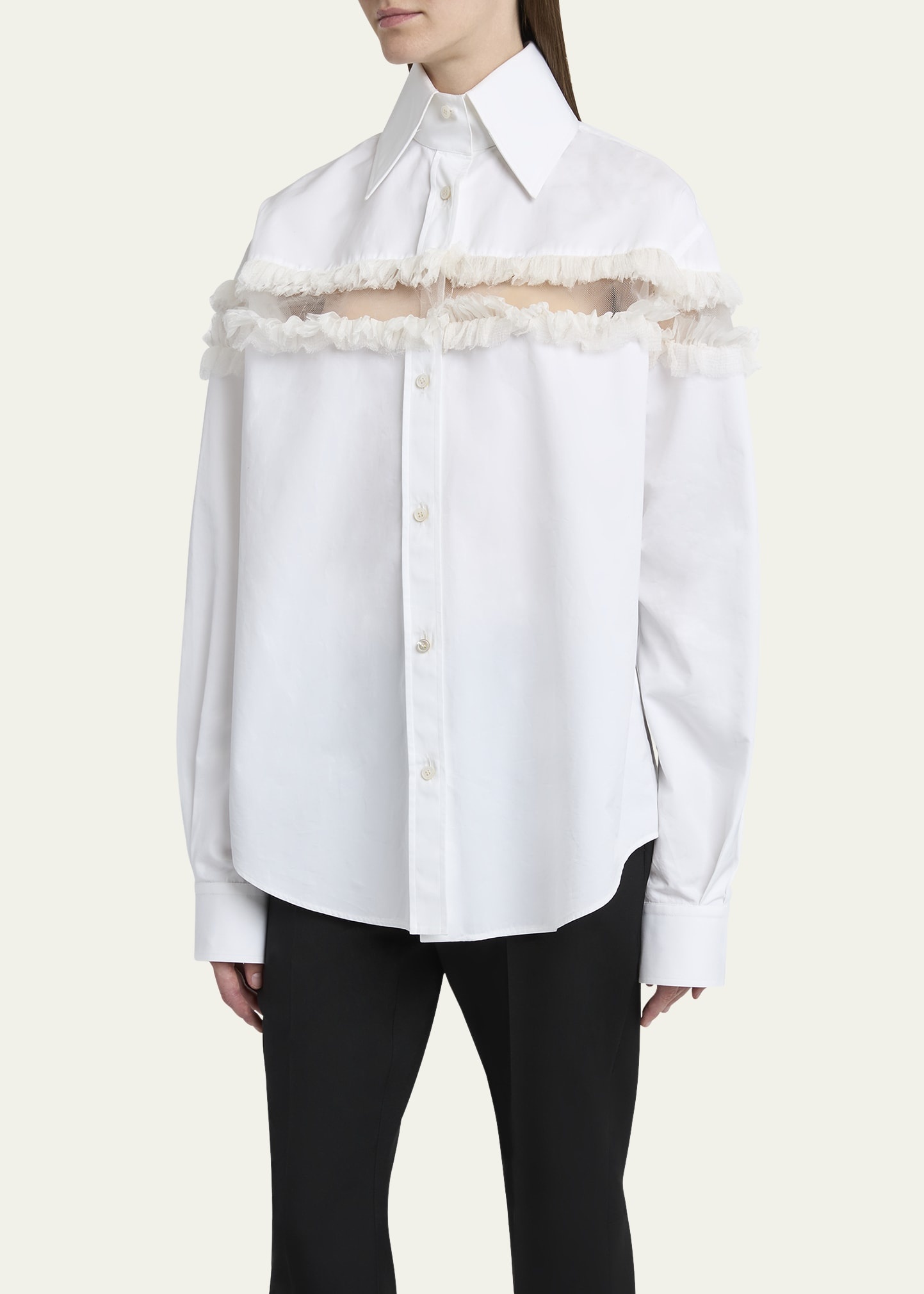 Ruffle-Inset Button-Down Blouse - 4