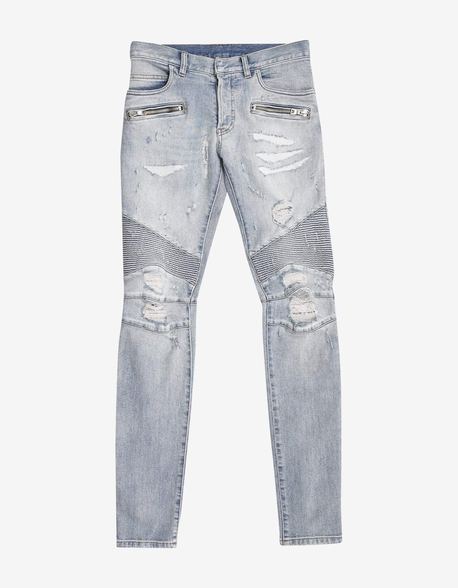 Balmain Light Blue Repaired Biker Jeans - 1