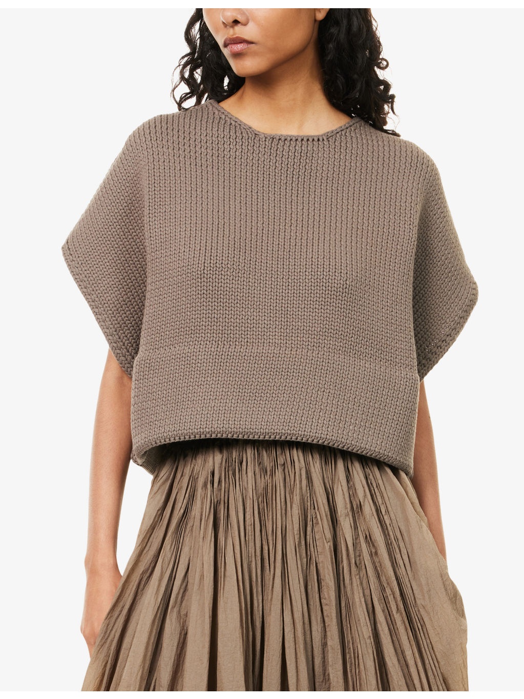 Short-Sleeve Cropped Cotton-Blend Knit Top - 3