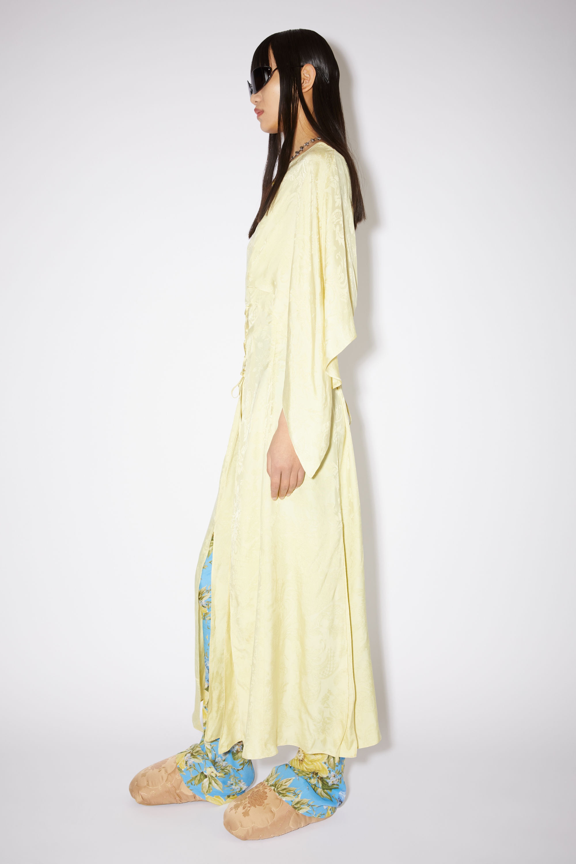Satin tie-up layered dress - Yellow - 4
