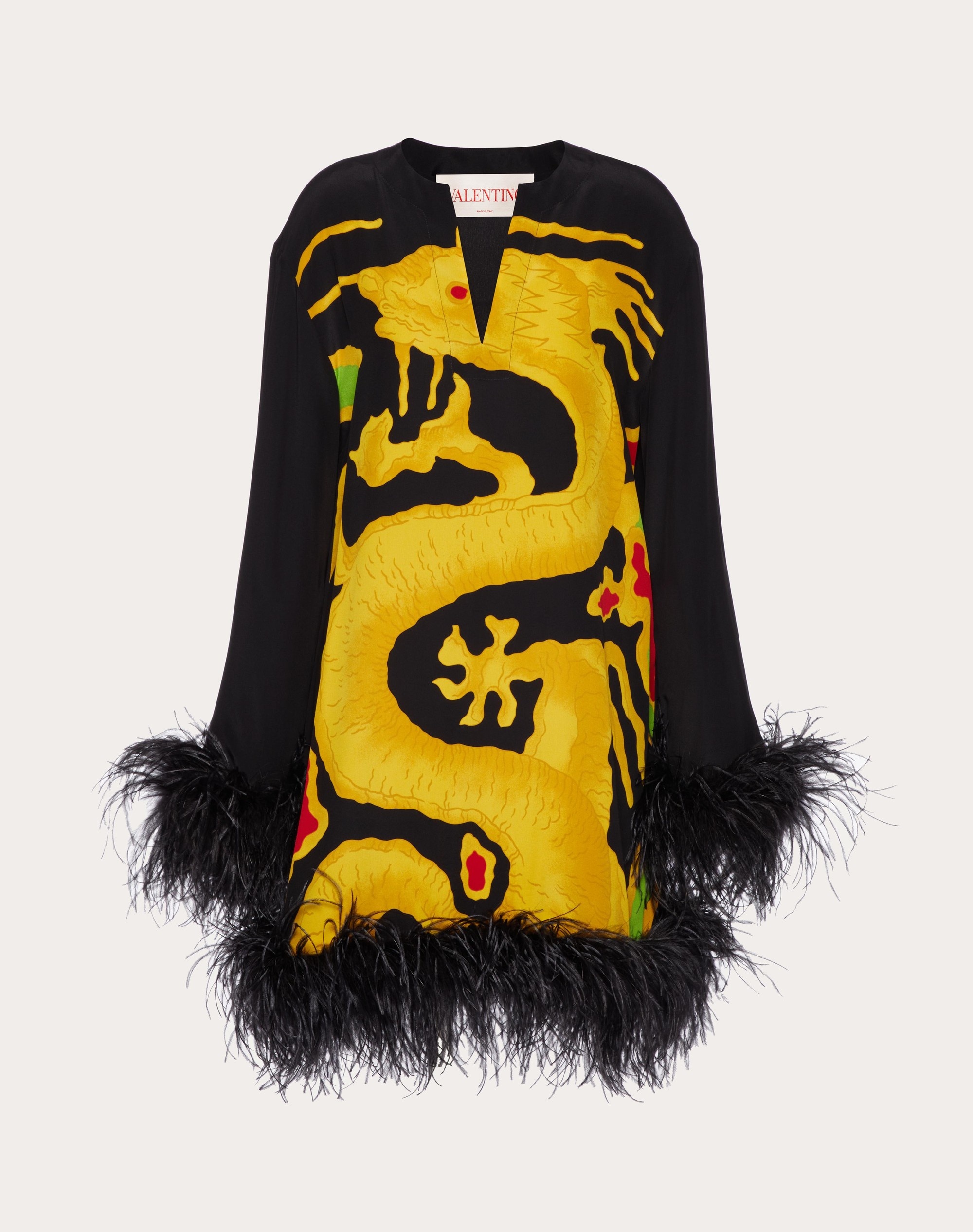 CREPE DE CHINE DRESS WITH FEATHER EMBROIDERY AND DRAGO RE-EDITION PRINT - 1