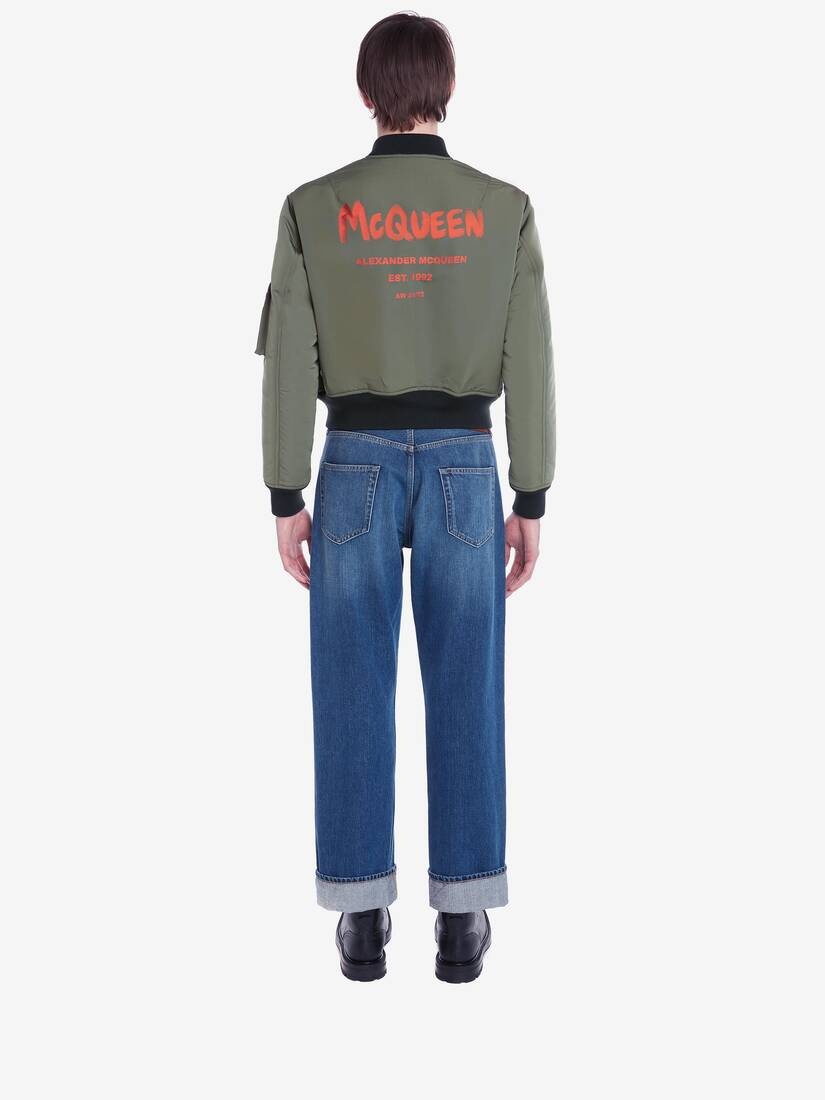 Mcqueen Graffiti Cropped Bomber Jacket in Military Green - 4