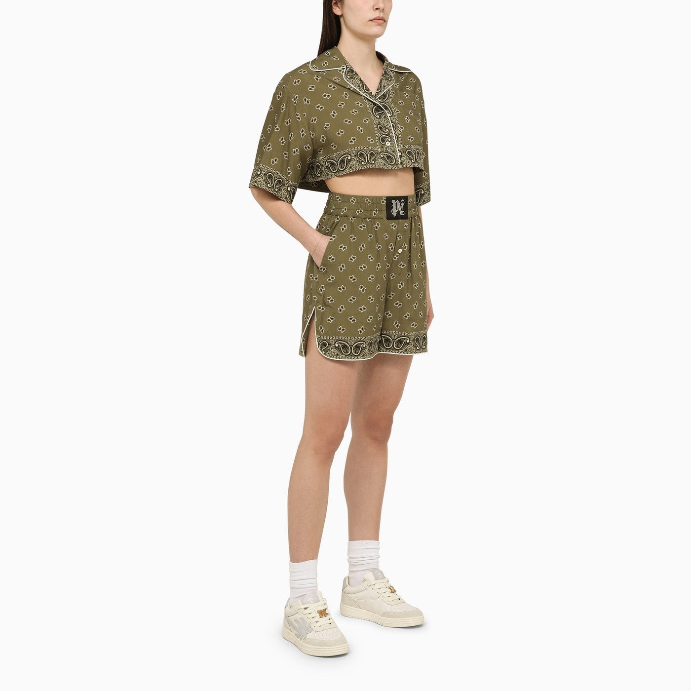 Palm Angels Cropped Shirt With Military Green Print - 2