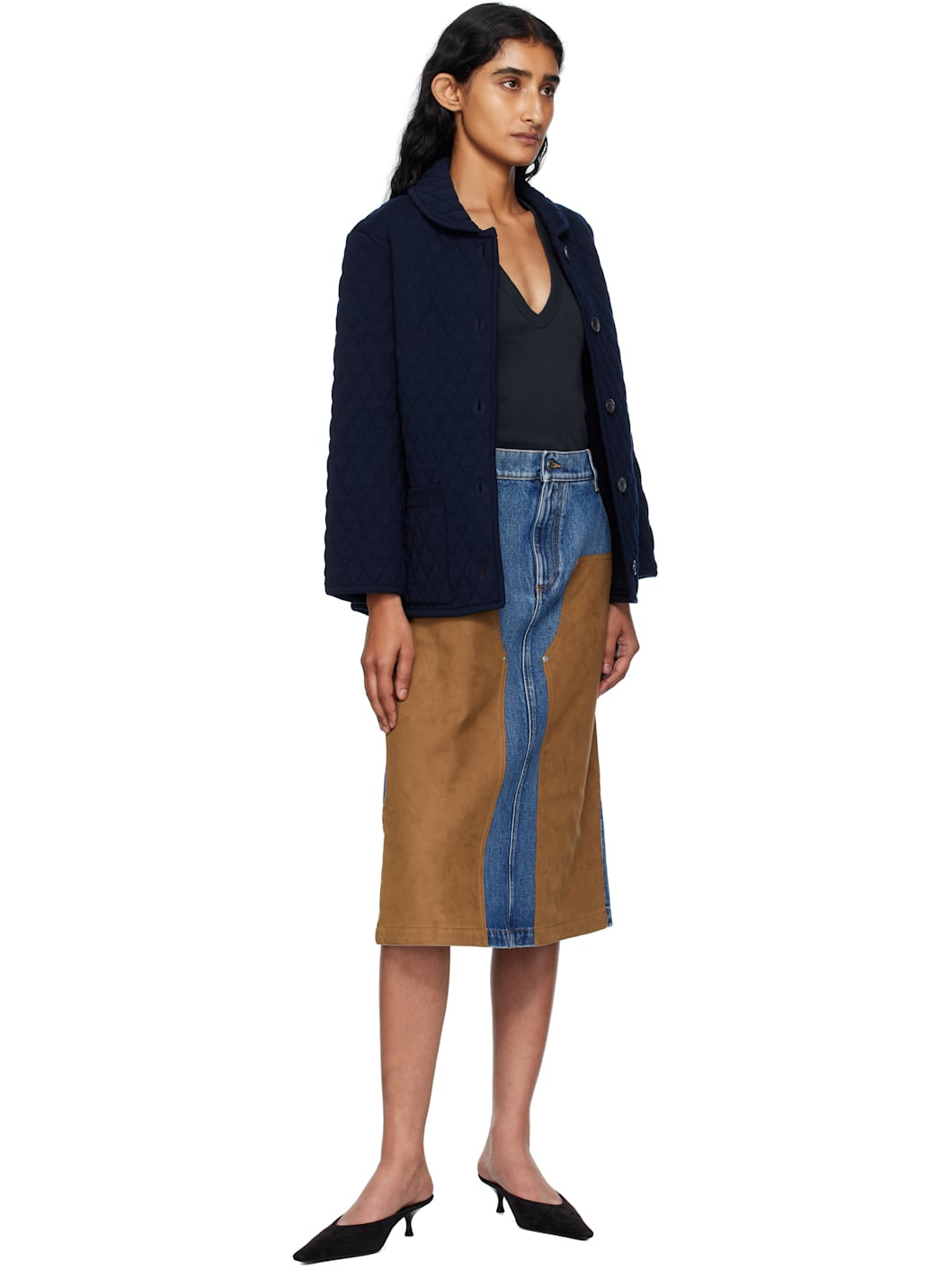 Blue & Tan Mixed Denim & Faux-Suede Midi Skirt - 4