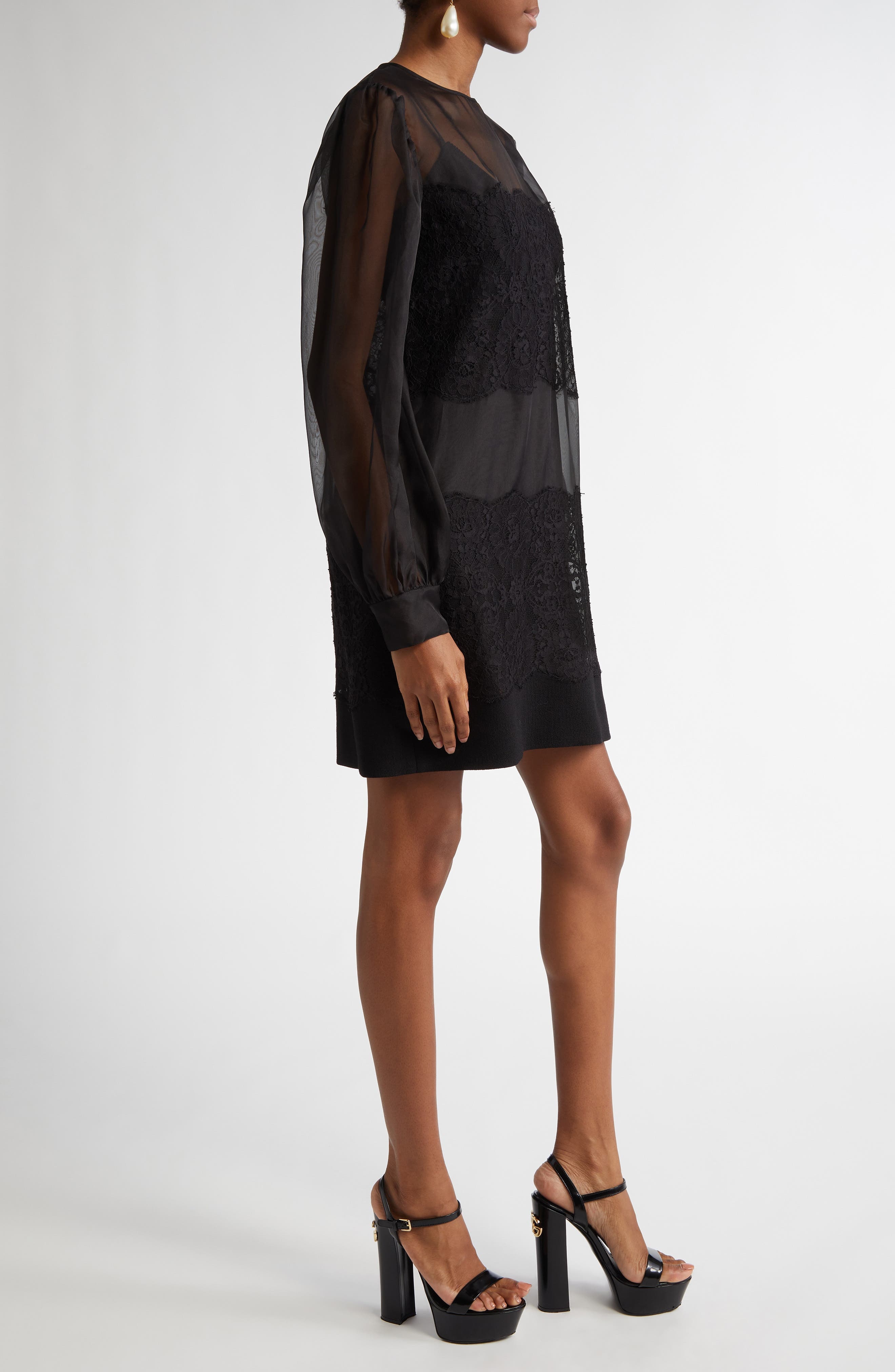Dolce&Gabbana Lace Paneled Long Sleeve Sheer Silk Blend Organza Dress in N0000 Nero at Nordstrom - 3