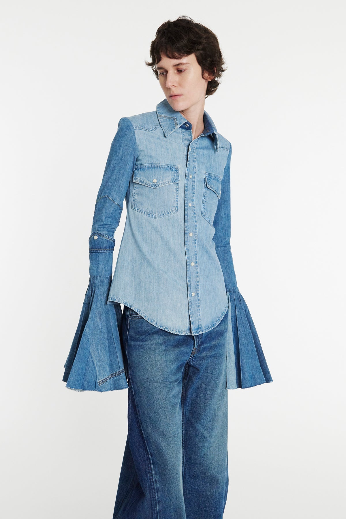 RECYCLED DENIM SHIRT WITH PLEATED BELL SLEEVES BLUE - 8