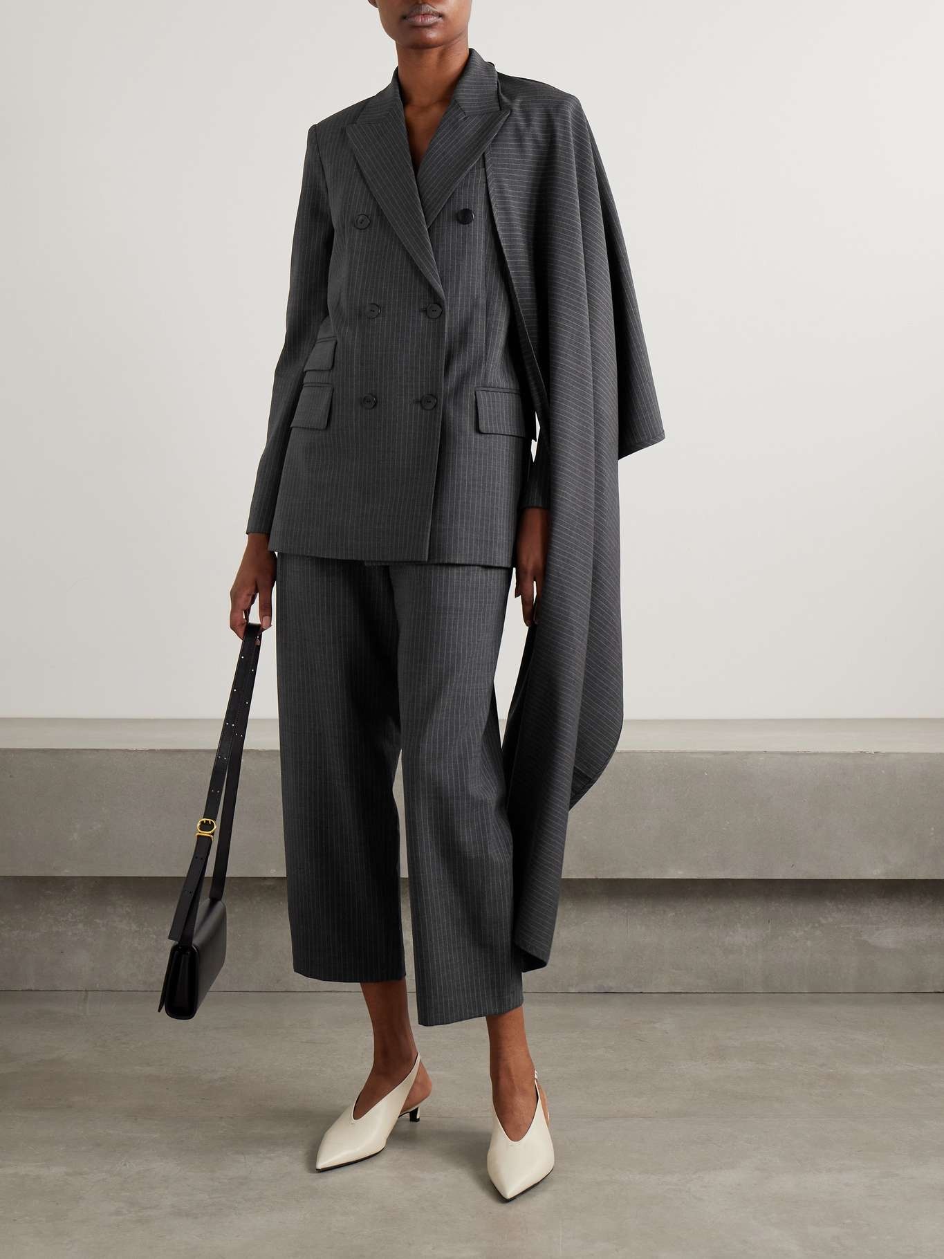 Double-breasted draped pinstriped wool-blend blazer Charcoal - 5