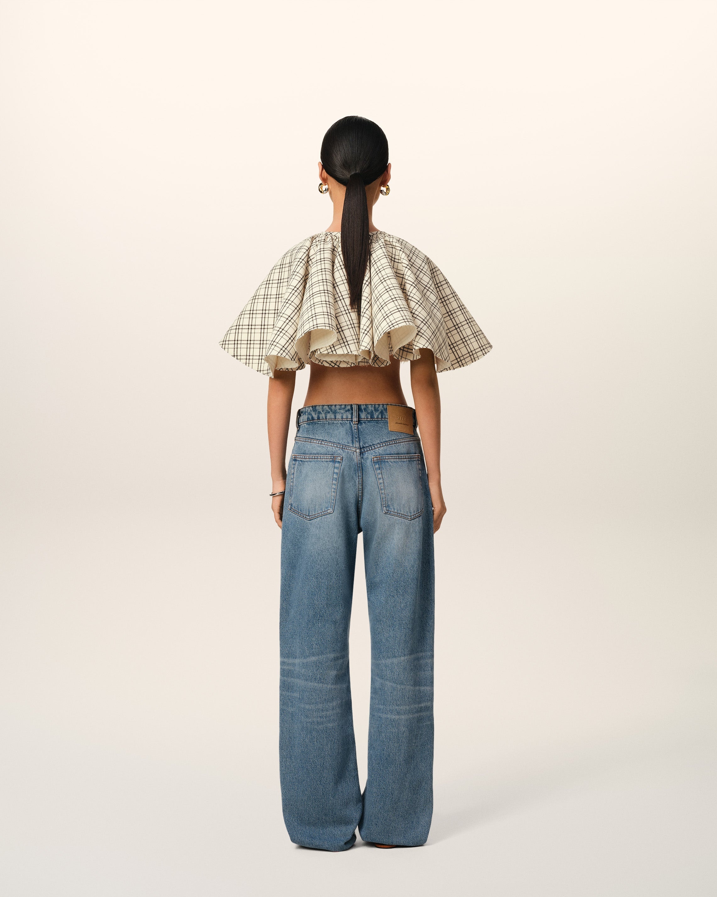 BEIGE CHECKED WOOL RUFFLED TOP - 5