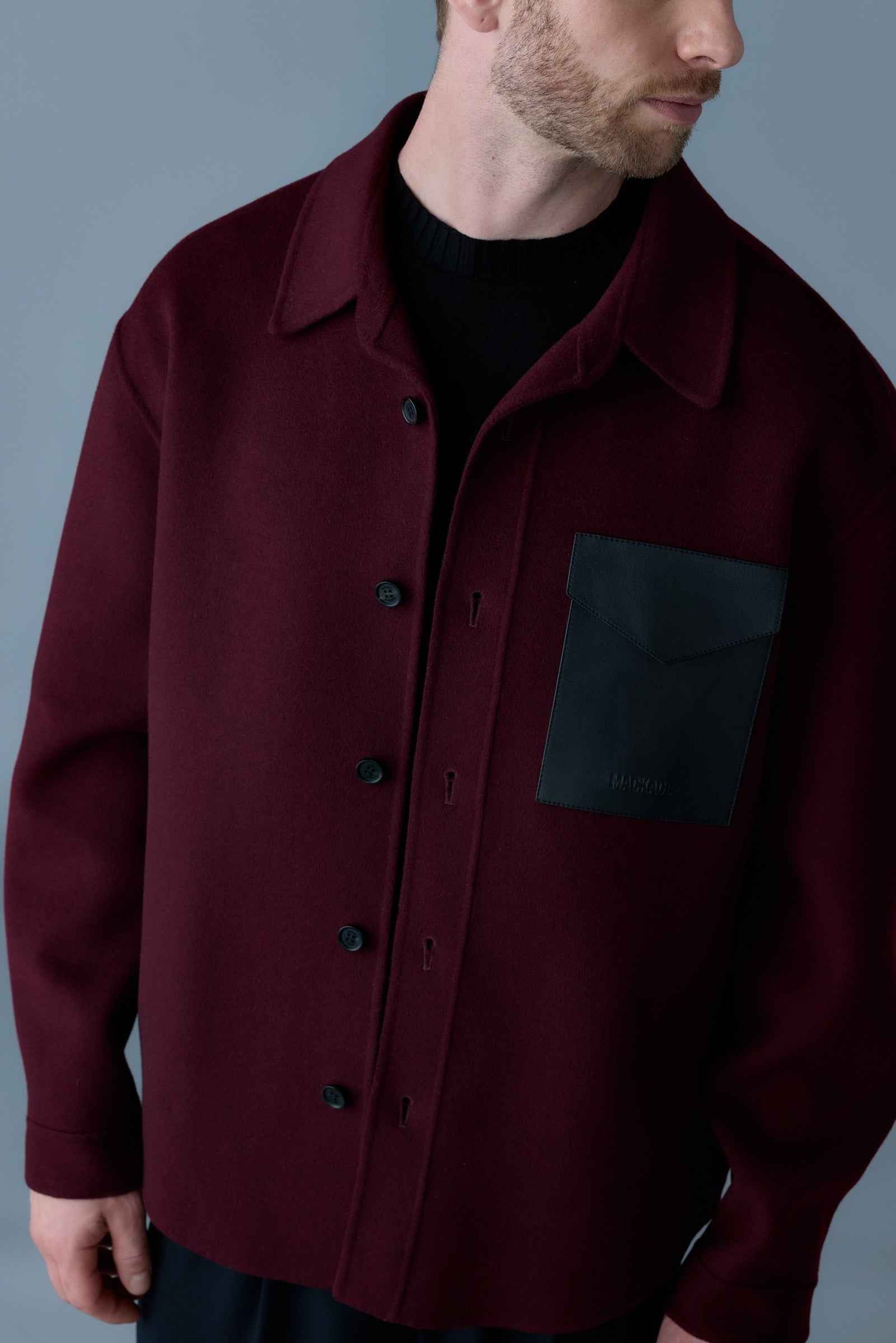 EMMANUEL Double-face wool overshirt with leather patch pocket - 5