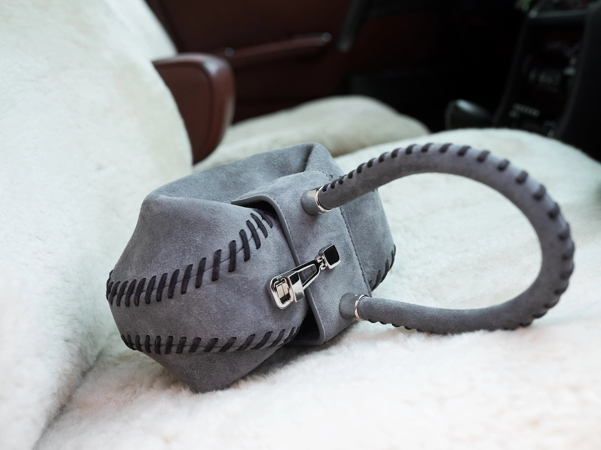 Whipstitch Demi Bag in Charcoal Suede - 8
