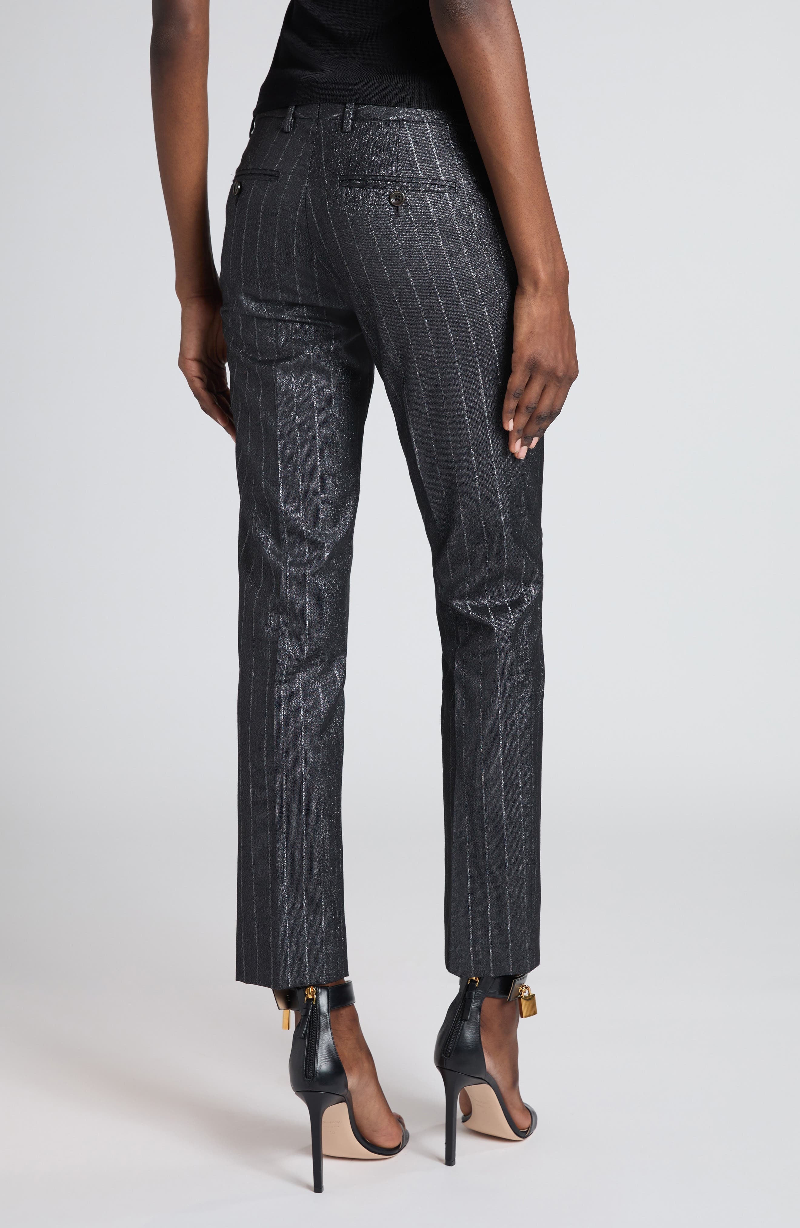 TOM FORD Metallic Stripe Wool Blend Ankle Pants in Dark Silver at Nordstrom - 3