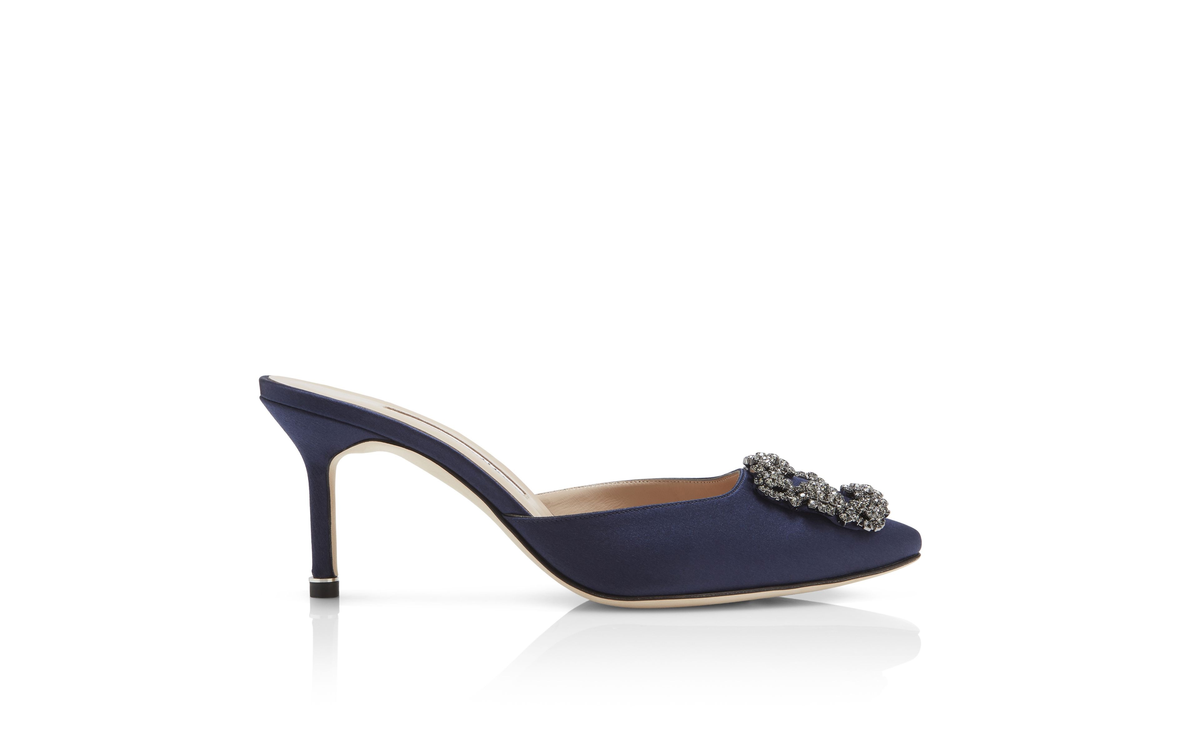 Navy Blue Satin Jewel Buckle Mules - 1