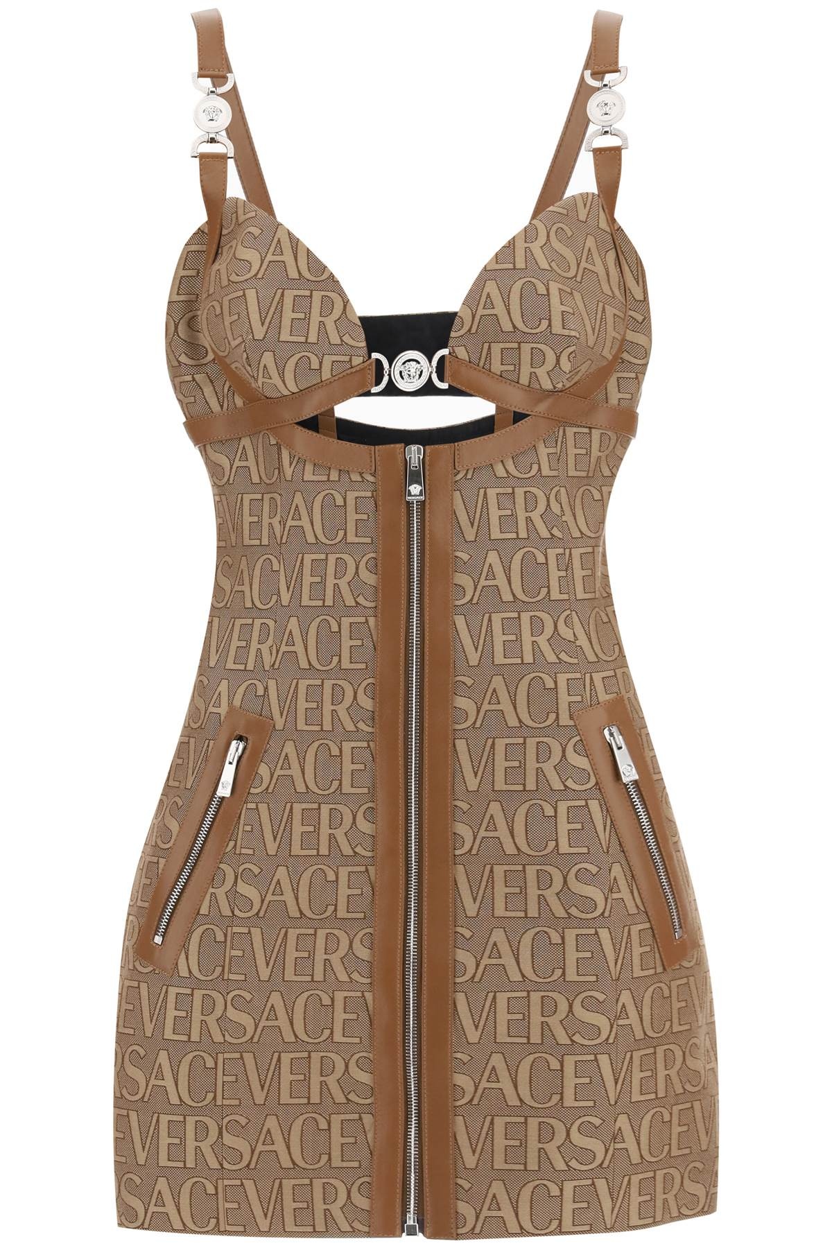 【送料&関税込】Versace Monogram Mini Dress With Leather Tri VERSACE MONOGRAM MINI DRESS WITH LEATHER TRIMS | netdressed