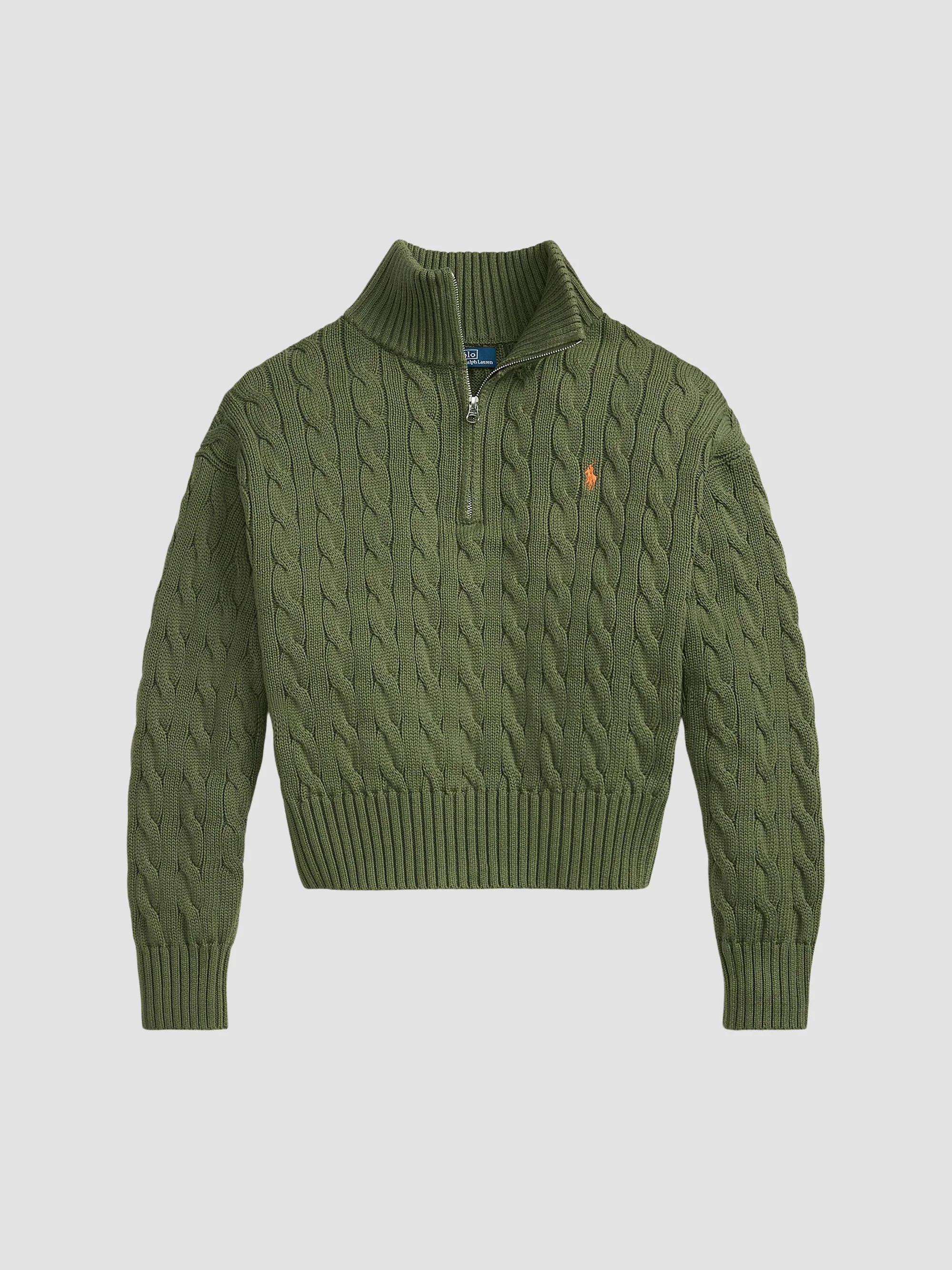 Women's Cable-Knit Cotton Quarter-Zip Sweater - Dense Olive - 1