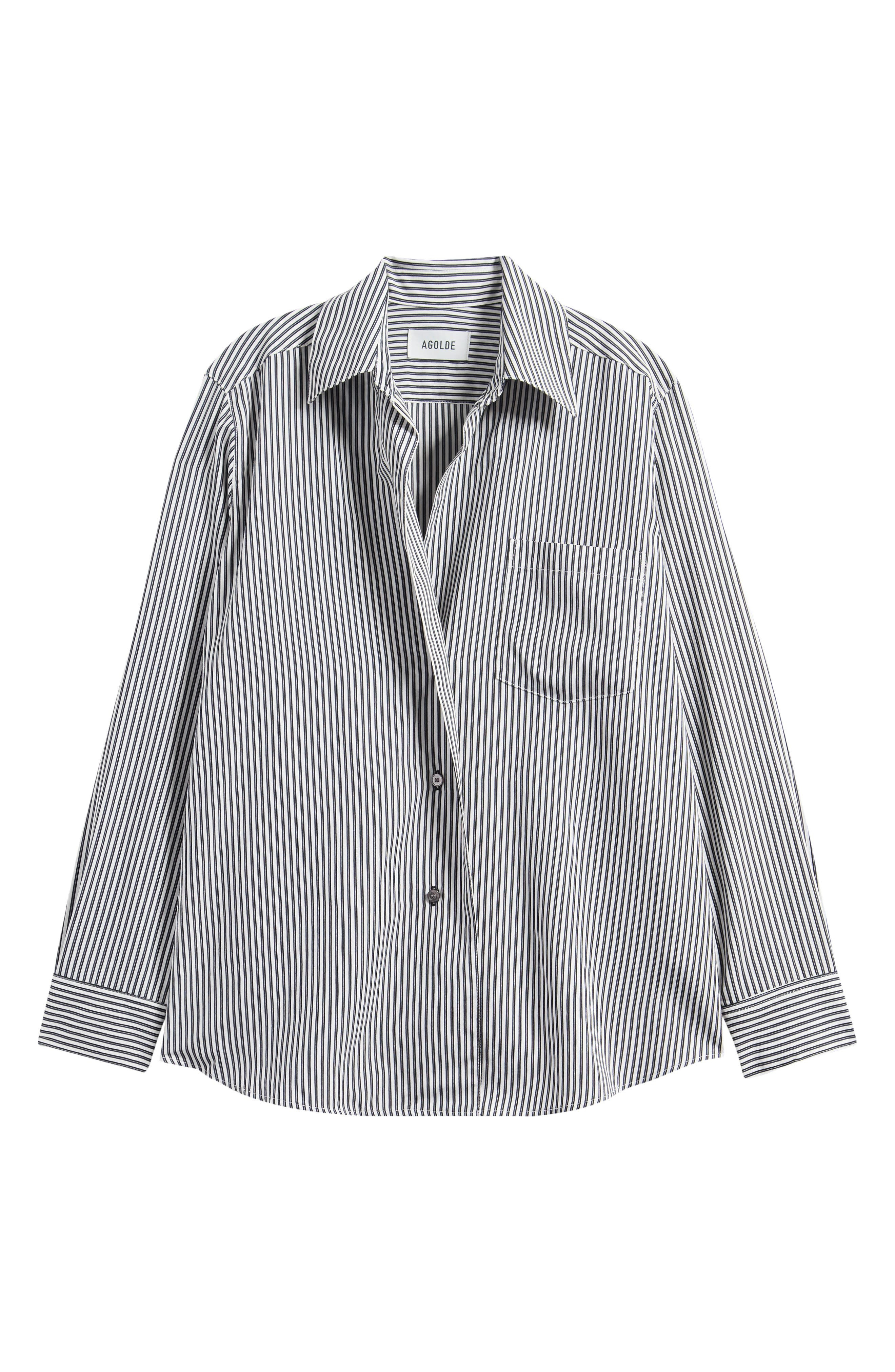 AGOLDE Aris Stripe Button-Up Shirt in Solene Stripe Black And White at Nordstrom - 5
