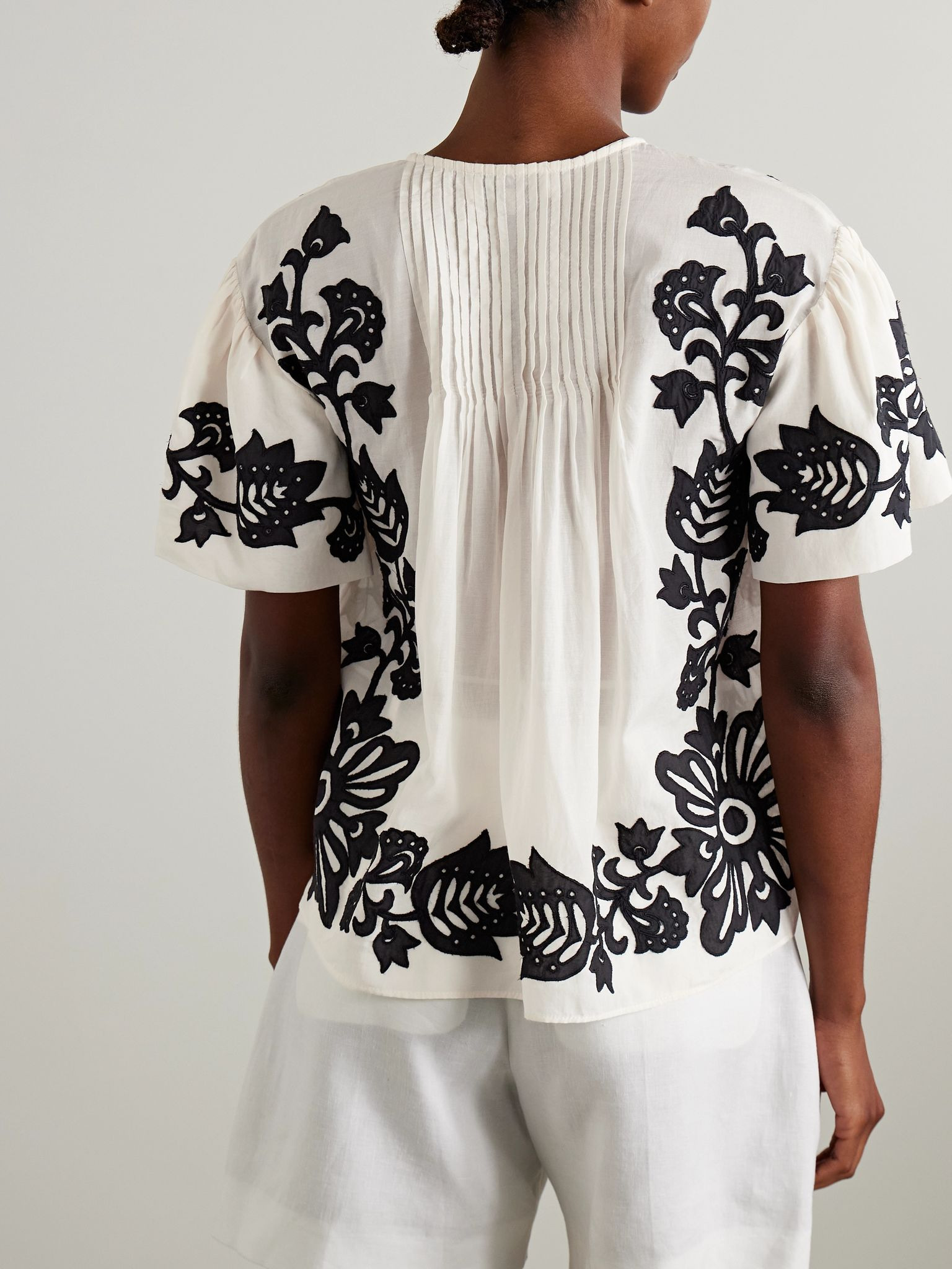 Liliana appliquéd pintucked cotton-blend voile blouse White - 4