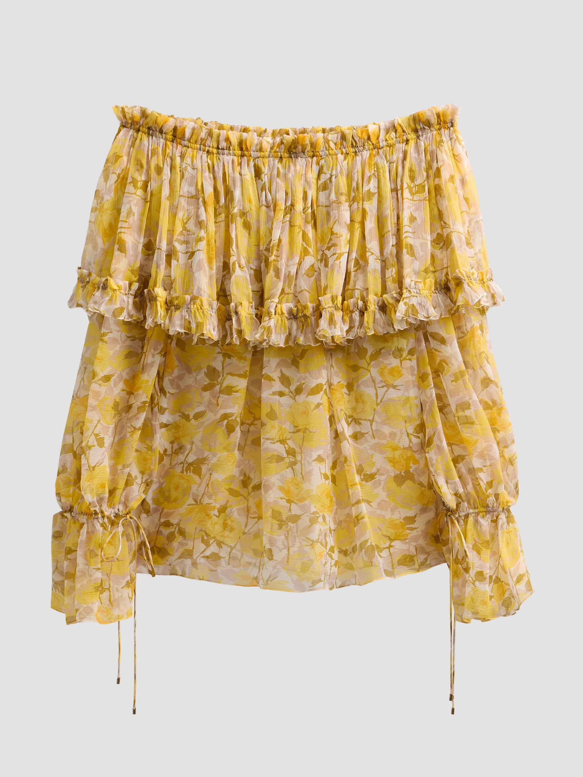 Women's Floral Silk Off-the-Shoulder Top - White Yellow - 1