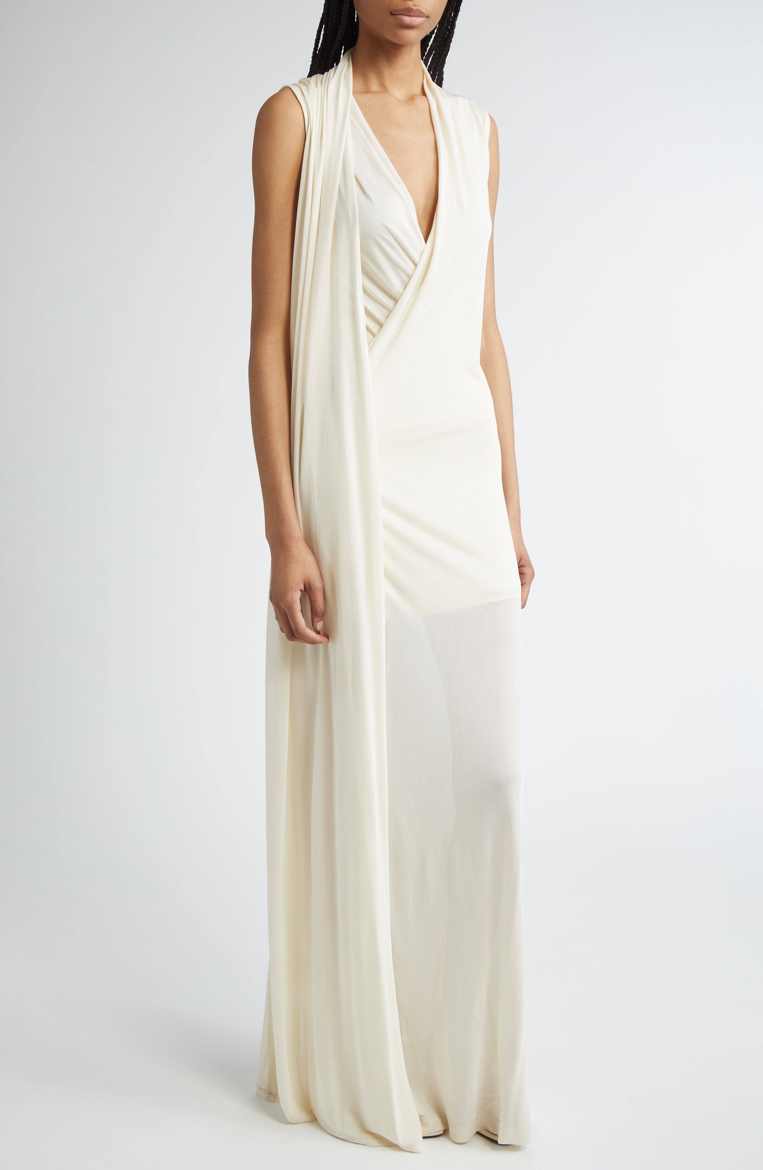 TOTEME Overlapped Scarf Sheer Stretch Jersey Maxi Dress in Ecru at Nordstrom - 4
