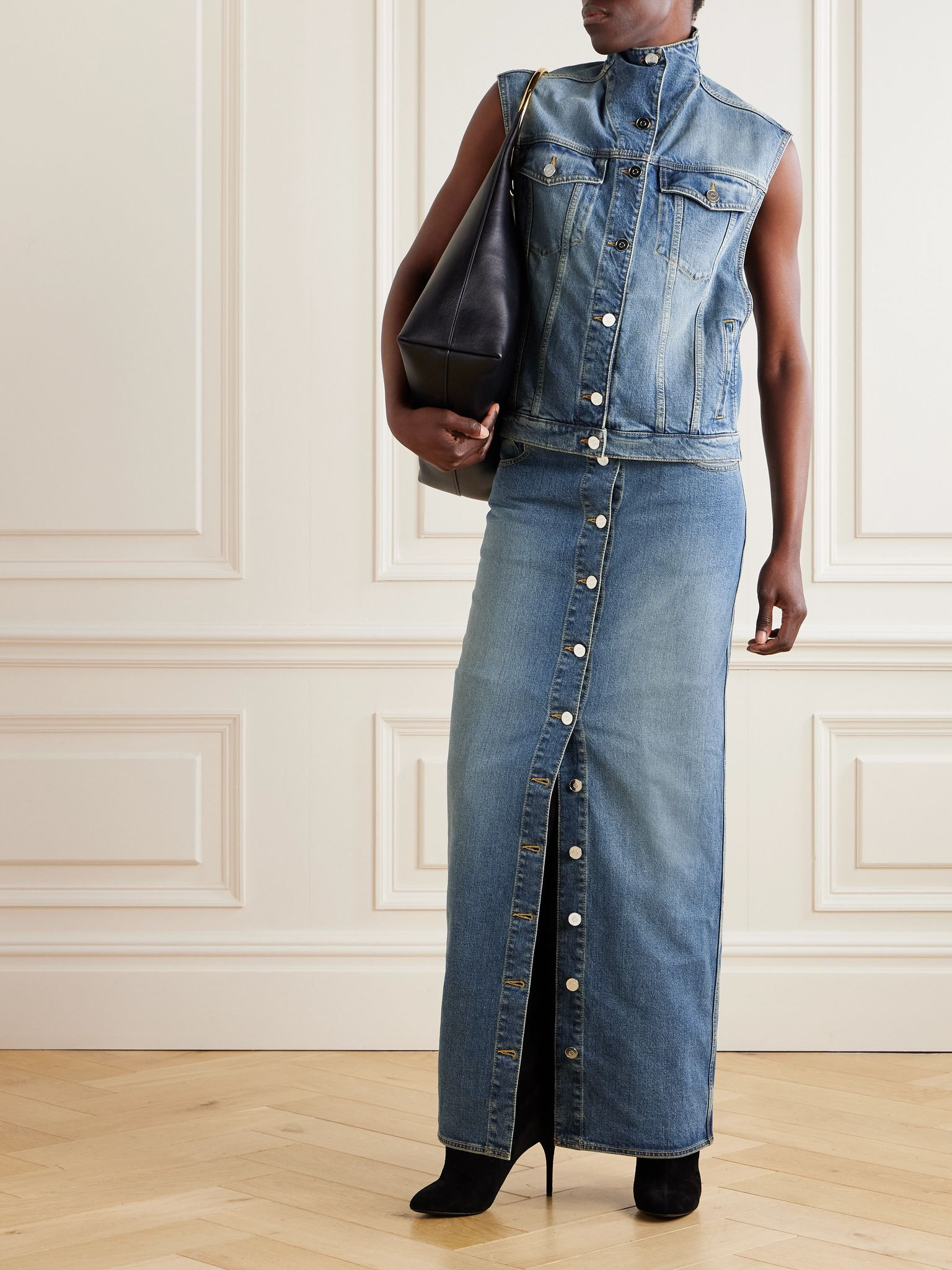 Layered jersey-trimmed denim maxi skirt Blue - 2