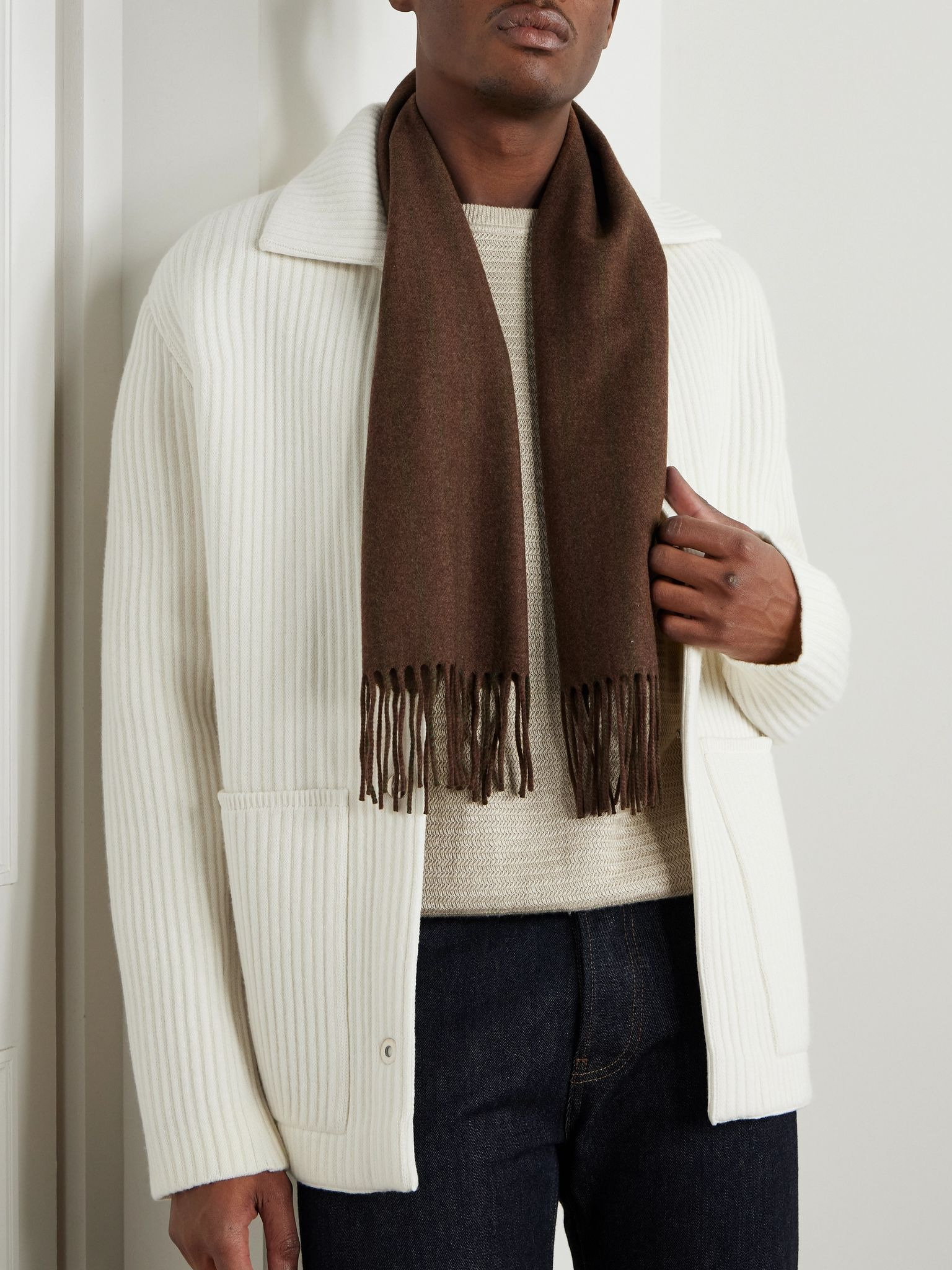 Striped Fringed Wool and Cashmere-Blend Twill Scarf Brown - 2