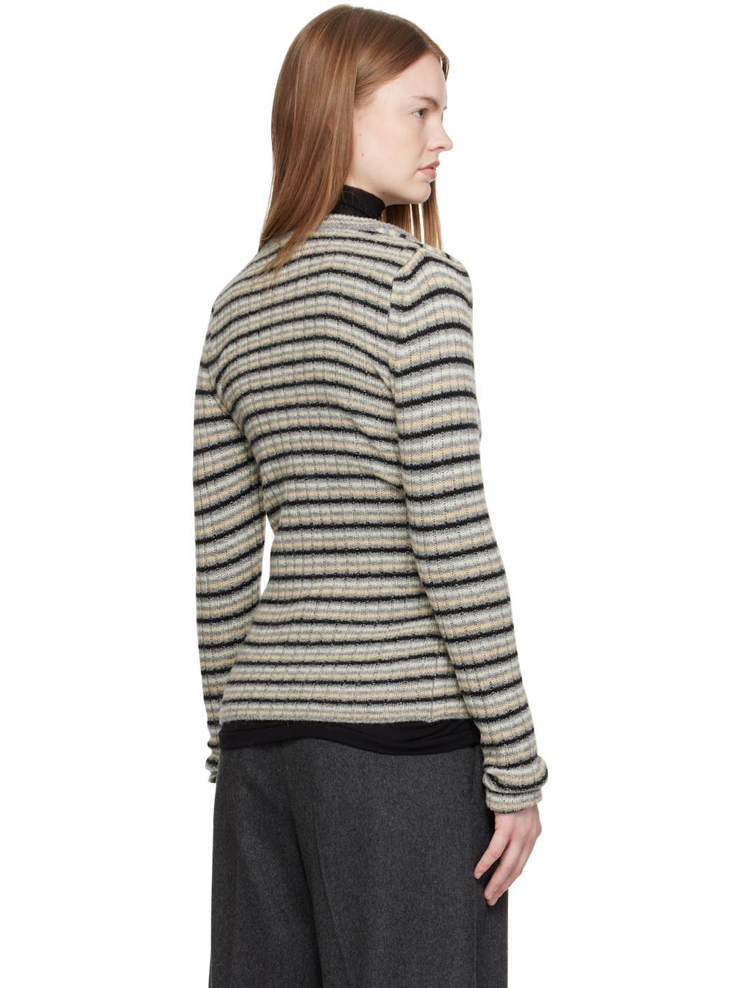 Gray Shetland Wool Cashmere Rib Knit Crew-Neck Cardigan - 3