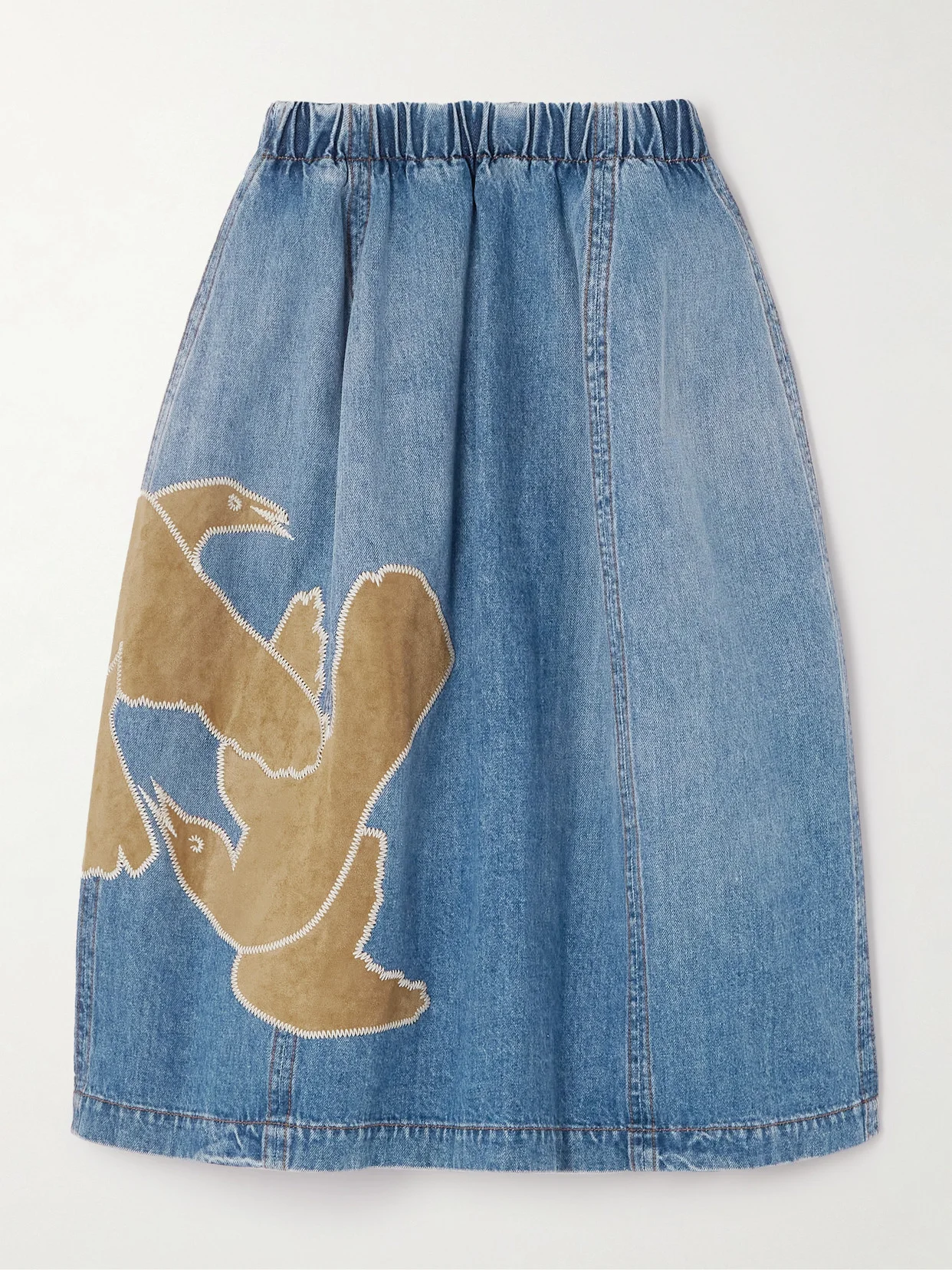 Appliquéd Gathered Denim Midi Skirt - 1