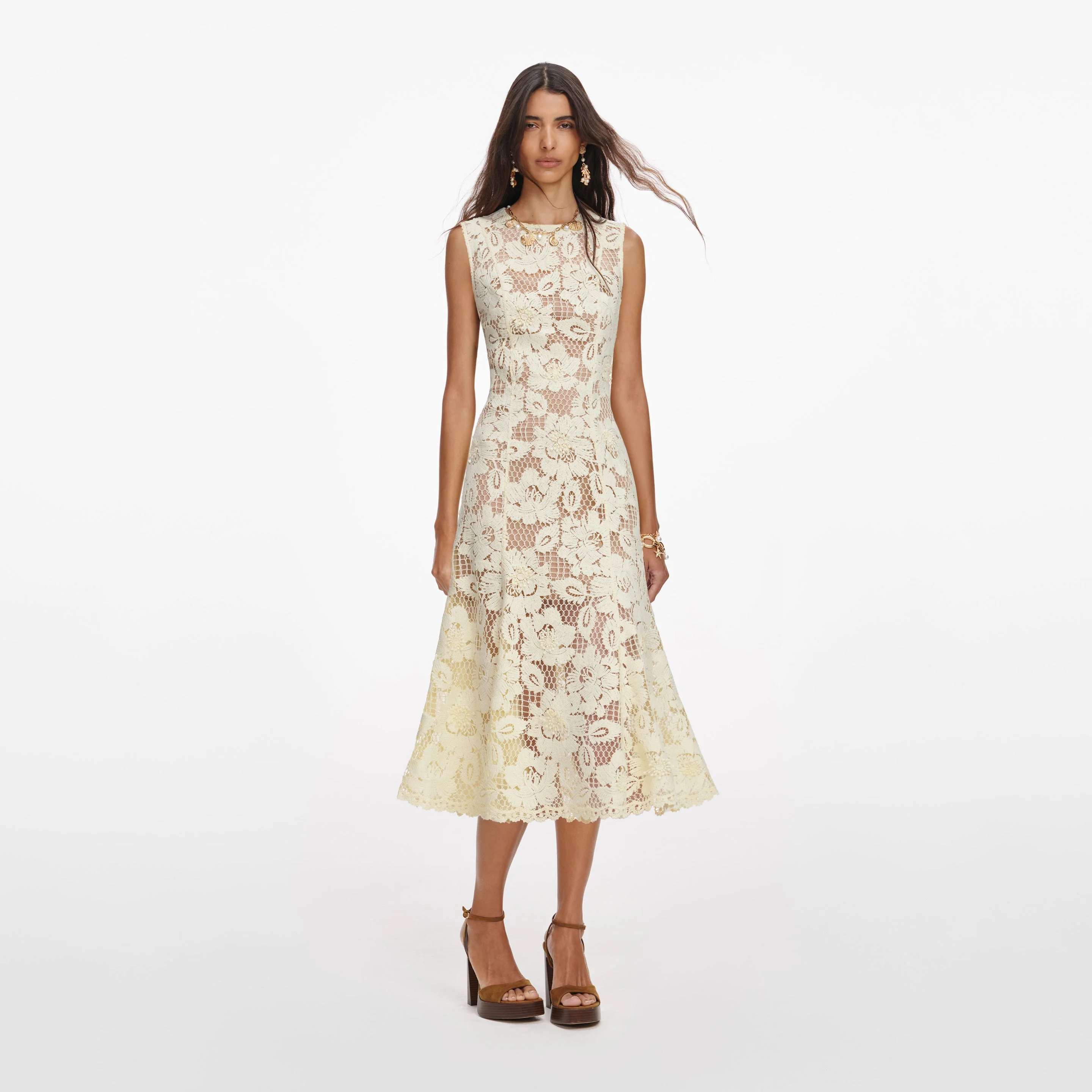 Yellow Crochet Lace Midi Dress - 1
