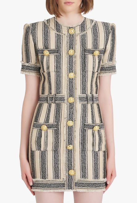 Short ecru and black cotton piqué dress with gold-tone buttons - 5