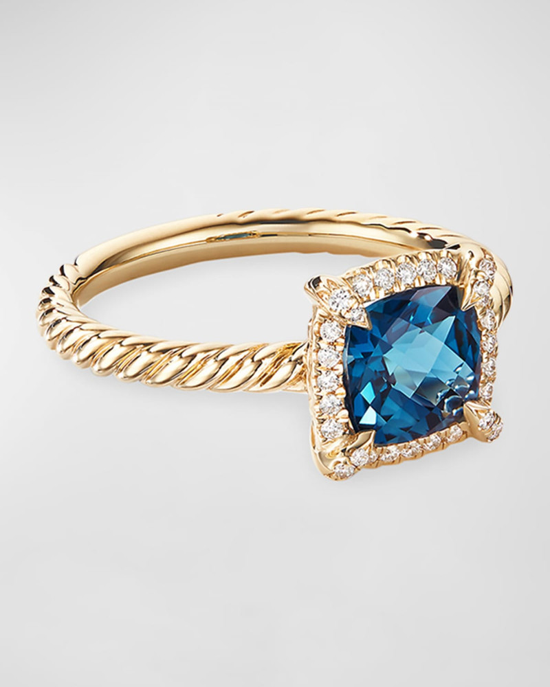 Petite Chatelaine Pave Bezel Ring in 18K Gold with Blue Topaz 1